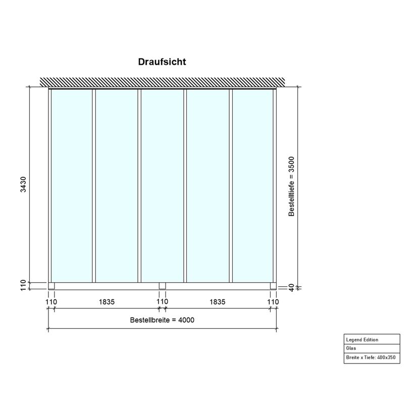 Darstellung Terrassendach Legend 4x3,5m Glas weiss von oben mit Maßen