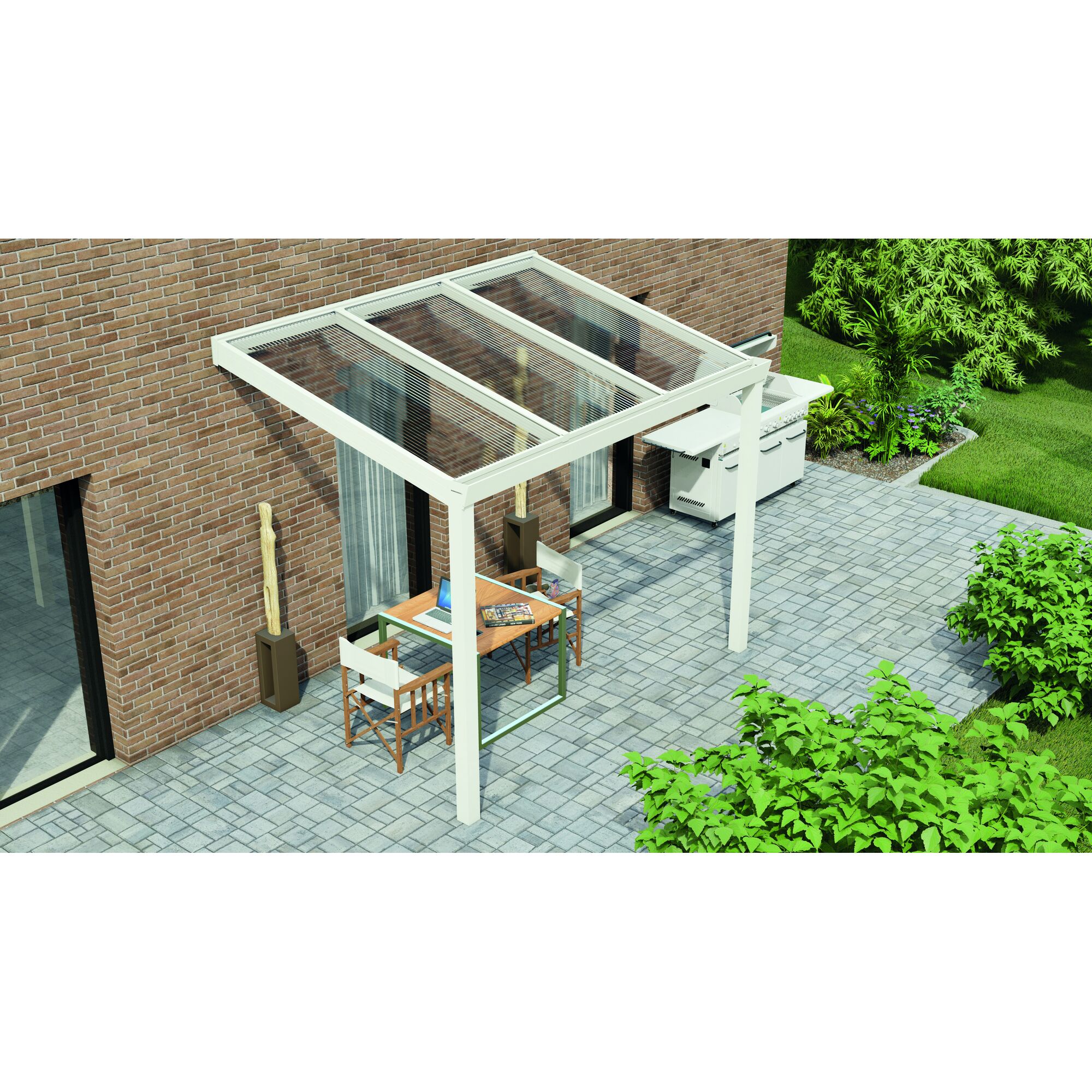 Weißes Terrassendach Legend mit Tisch und Stühlen