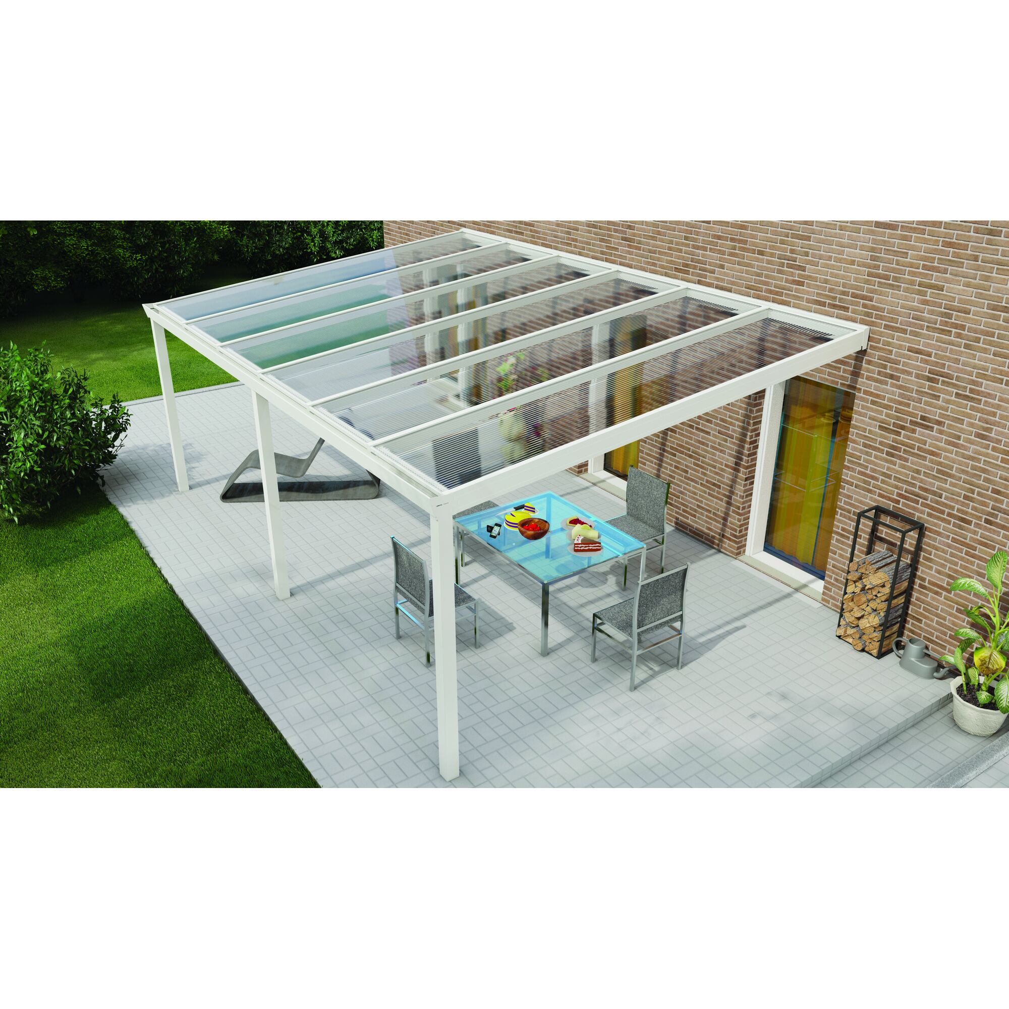 Weißes Terrassendach Legend mit Tisch und Stühlen