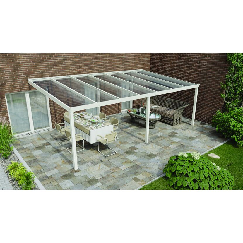 Weißes Terrassendach Legend mit Tisch und Stühlen