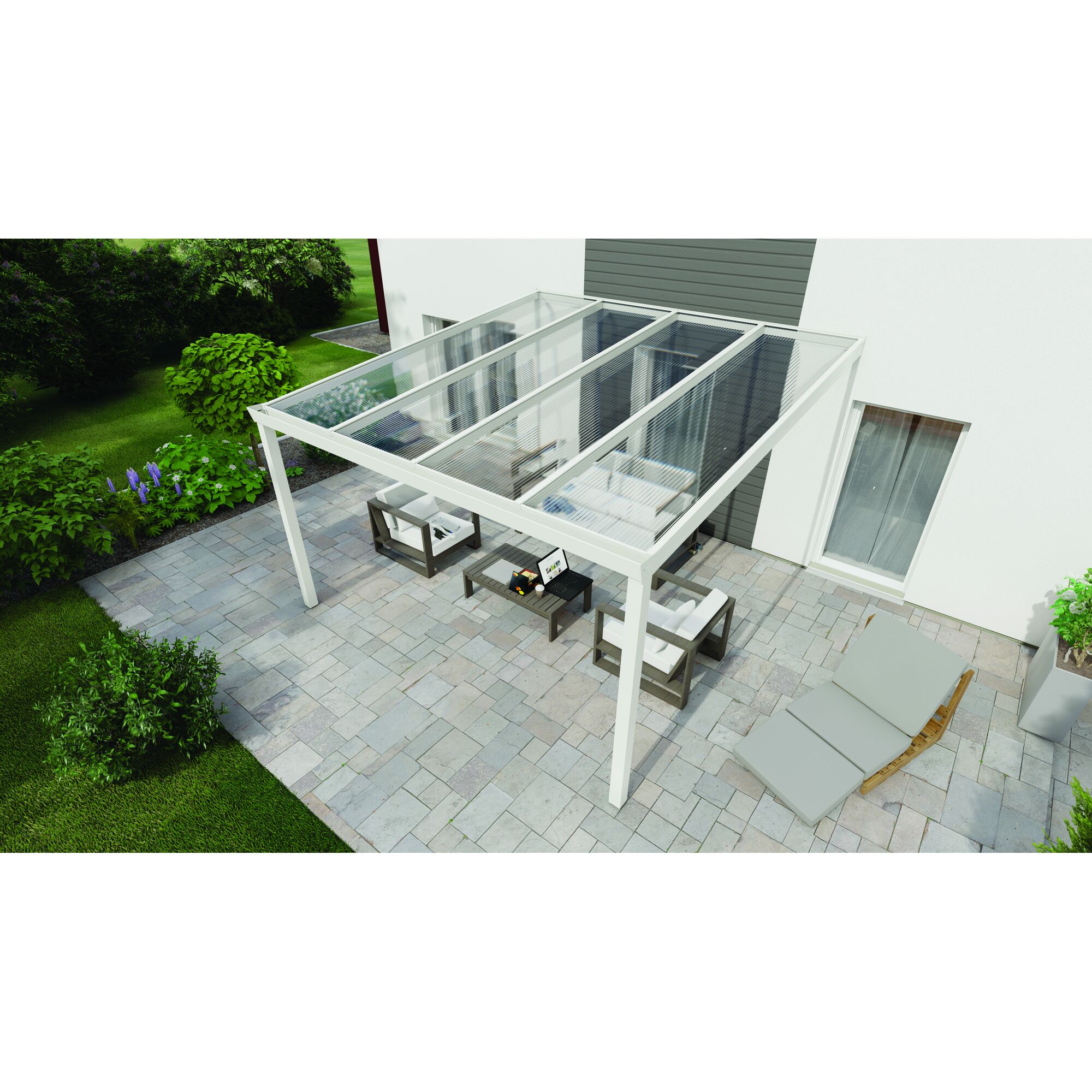 Weißes Terrassendach mit Lounge-Möbeln