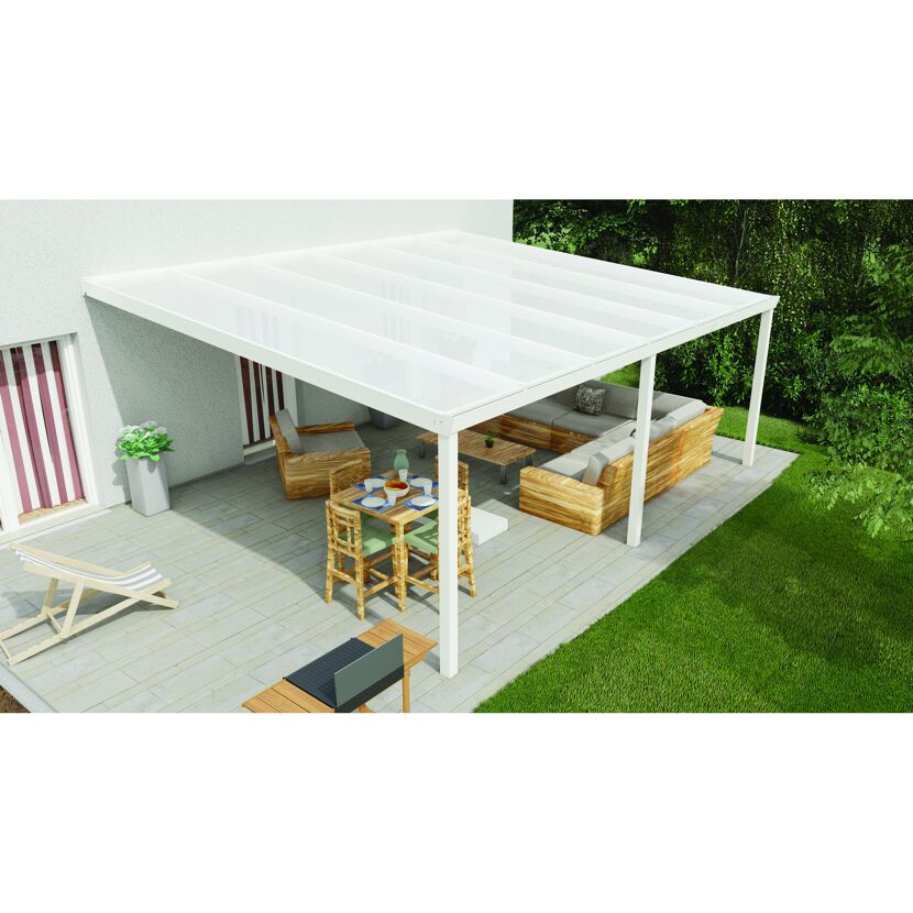 Weißes Terrassendach Legend mit Gartenmöbeln