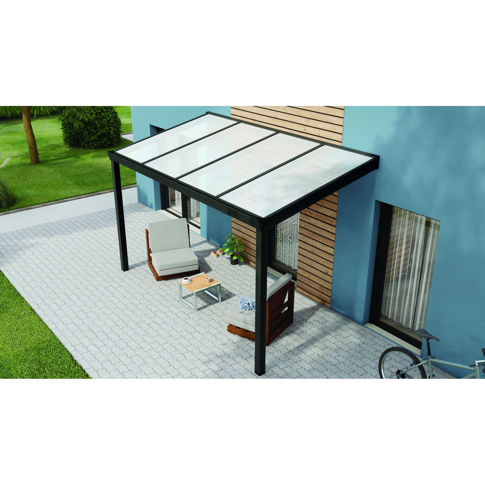 Terrassendach Legend mit Gartenmöbeln