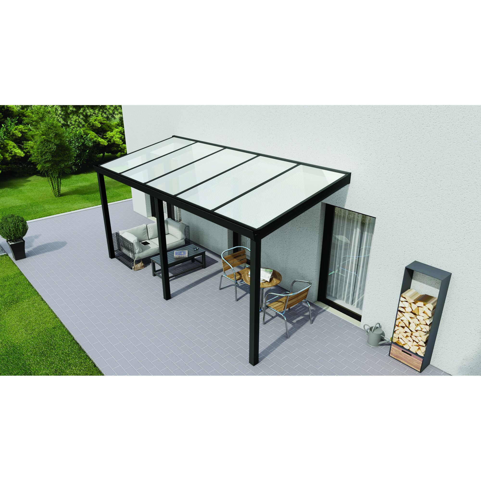Terrassendach Legend mit Gartenmöbeln