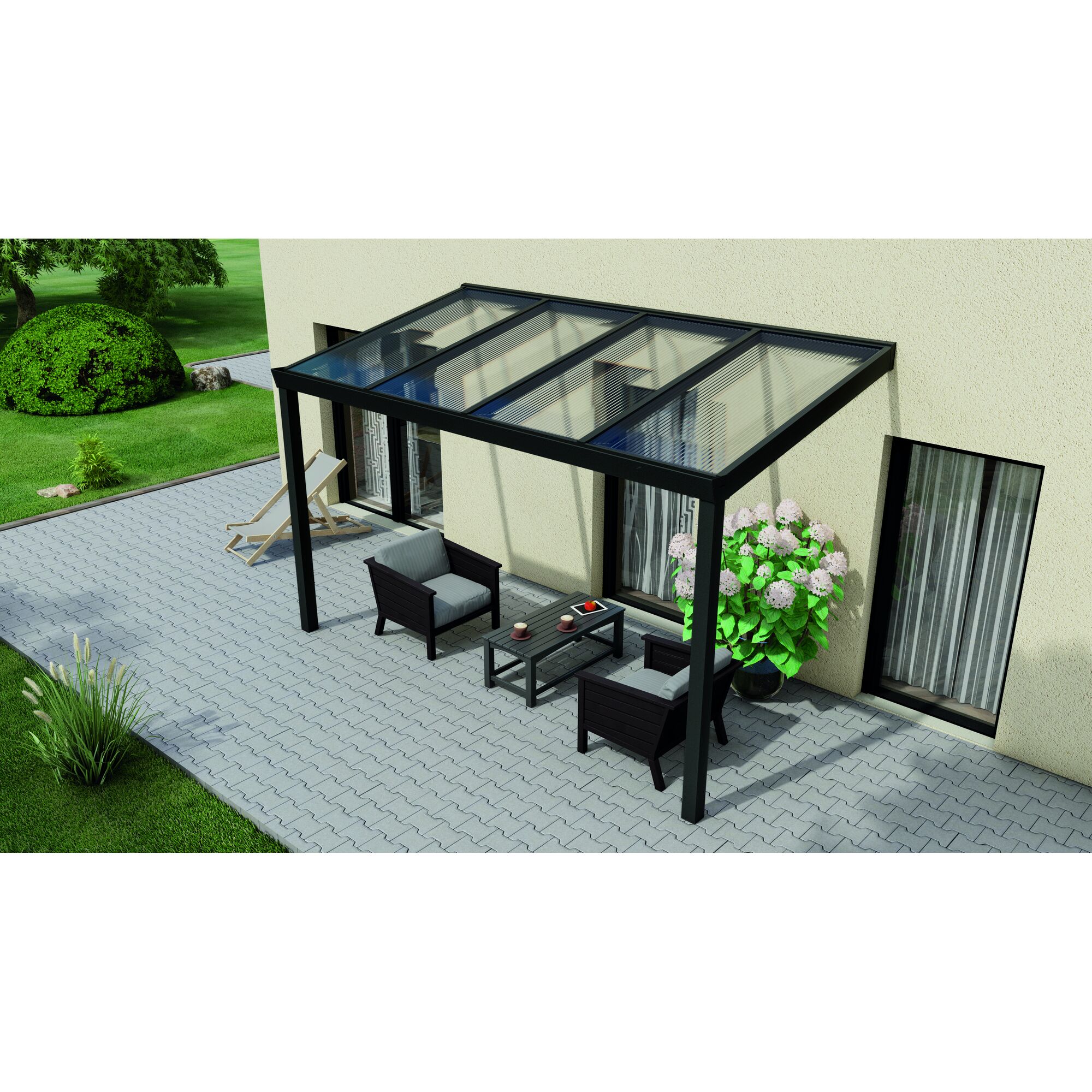 Terrassendach Legend mit Gartenmöbeln