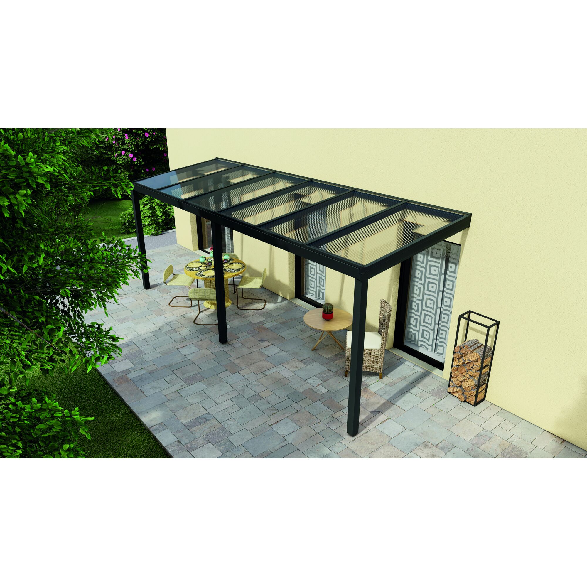 Terrassendach Legend mit gedecktem Tisch und Stühlen