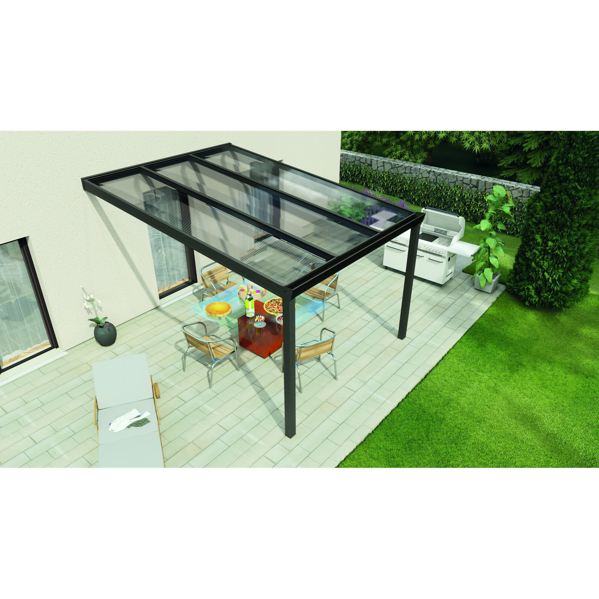 Terrassendach Legend mit Tisch und Stühlen