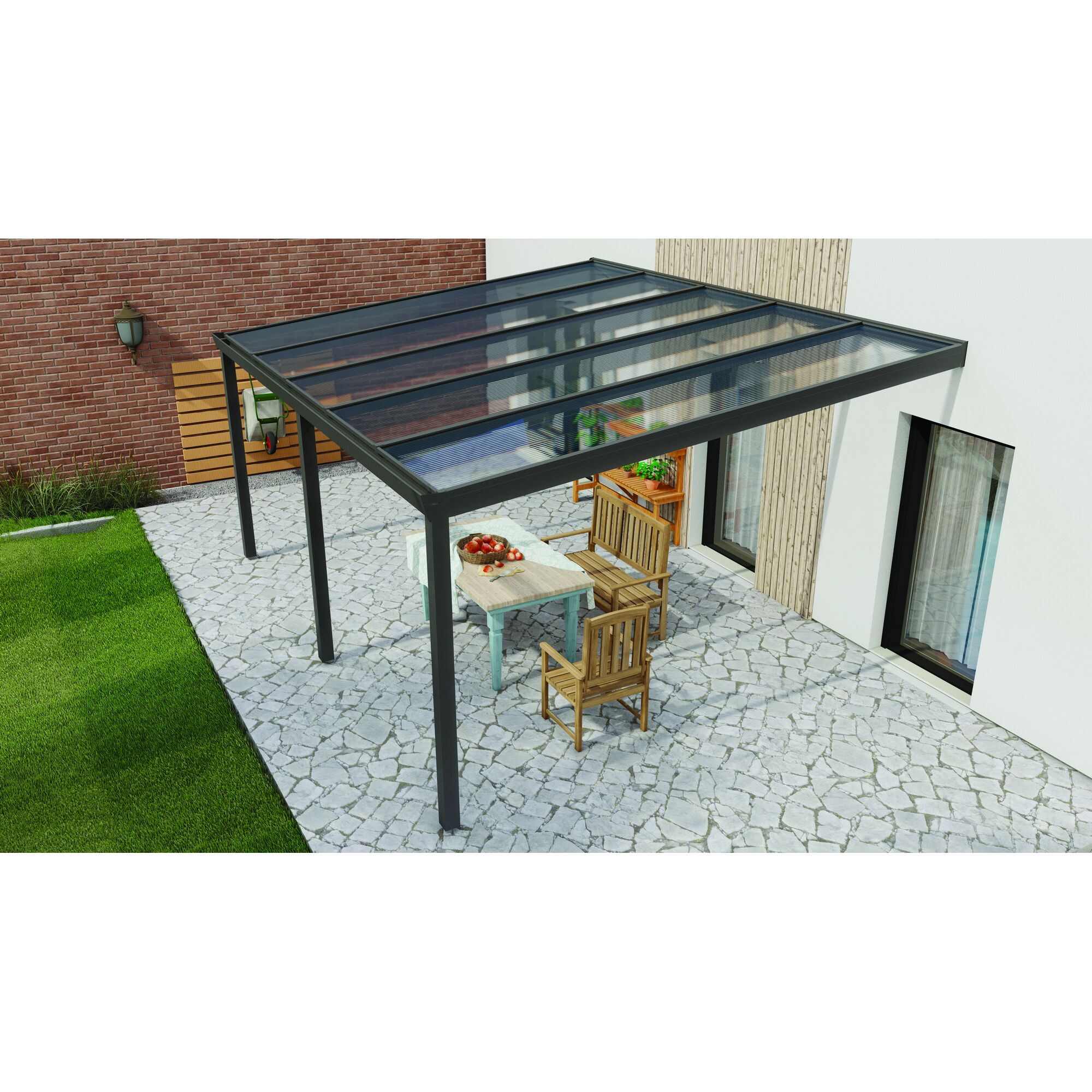 Terrassendach Legend mit Tisch und Stühlen