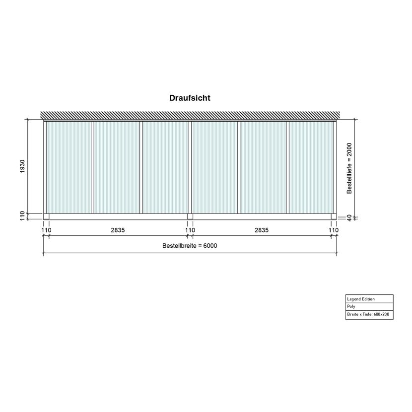 Draufsicht Terrassendach Legend 6x2, Breite 600cm, Tiefe 200cm