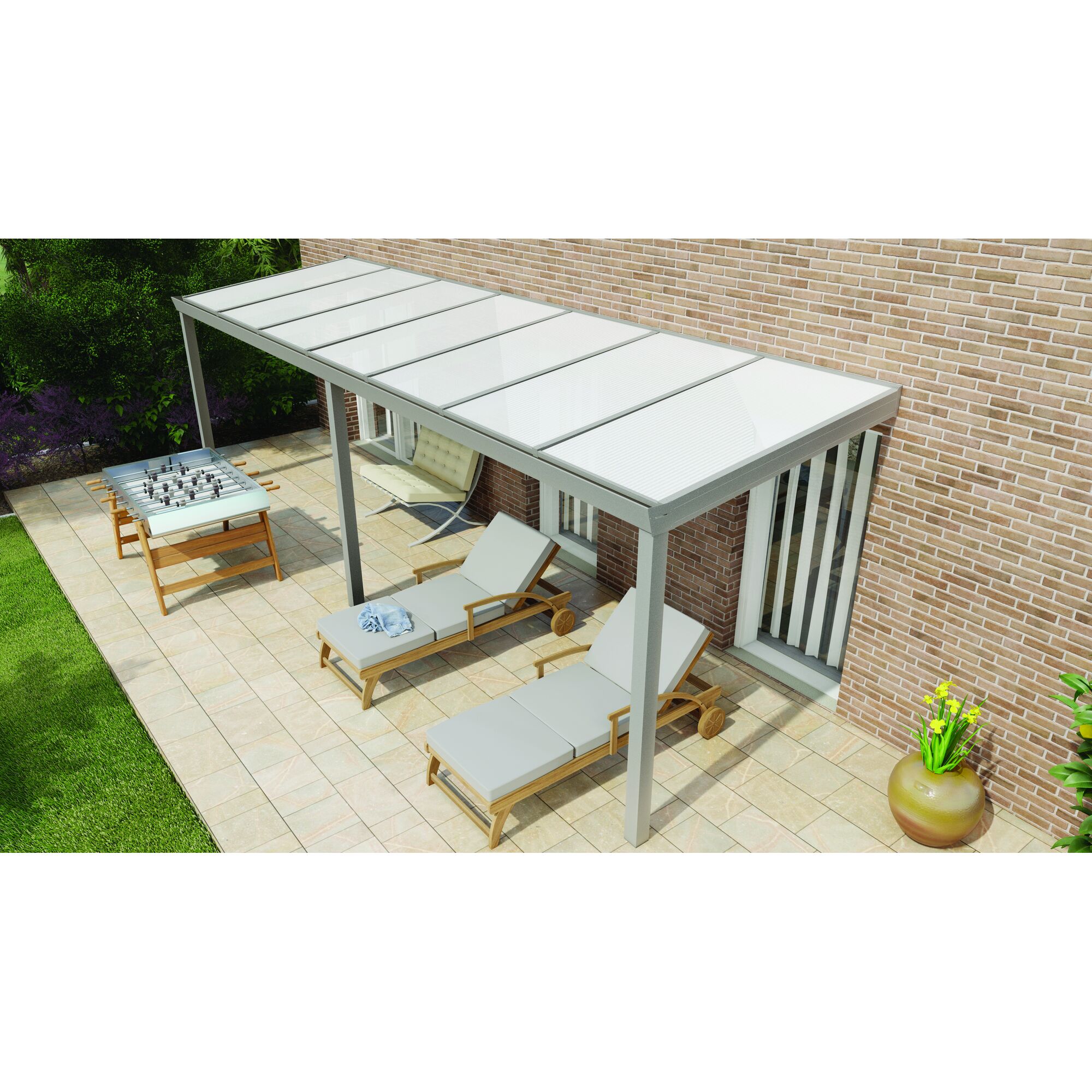 Terrassendach Legend mit Gartenmöbeln und Kickertisch