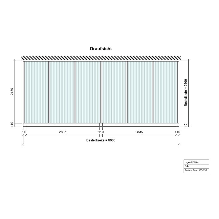 Draufsicht Terrassendach Legend 6x2,5m grau Poly opal