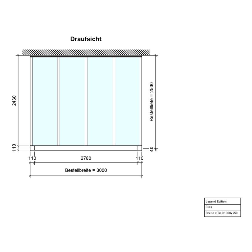Zeichnung Terrassendach Legend 3x2,5 Meter grau Glas Draufsicht