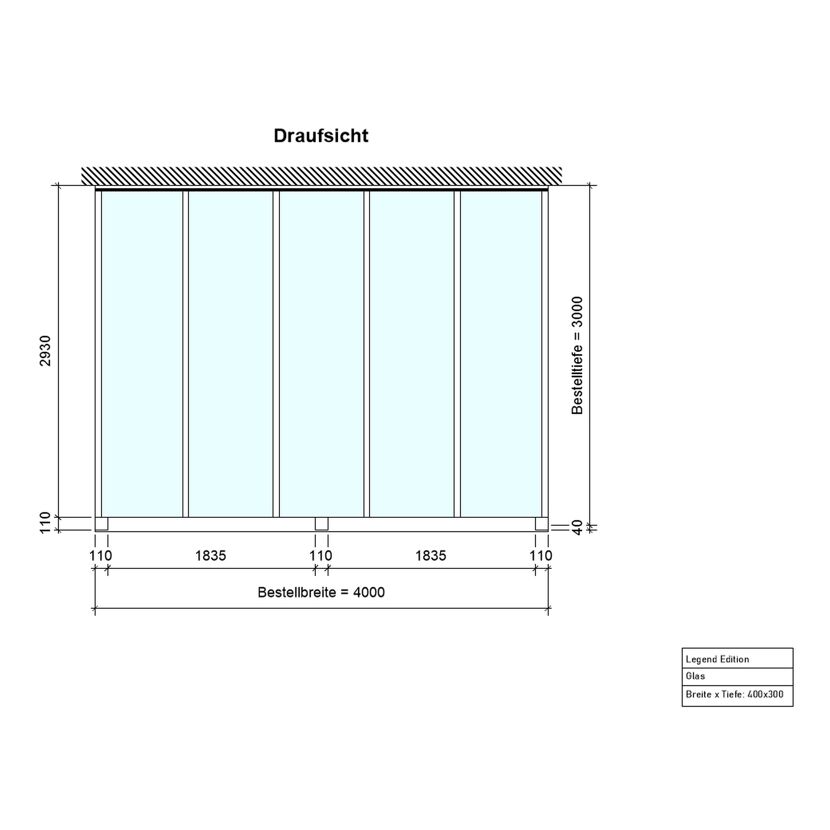 Draufsicht Terrassendach Legend 4x3 Glas