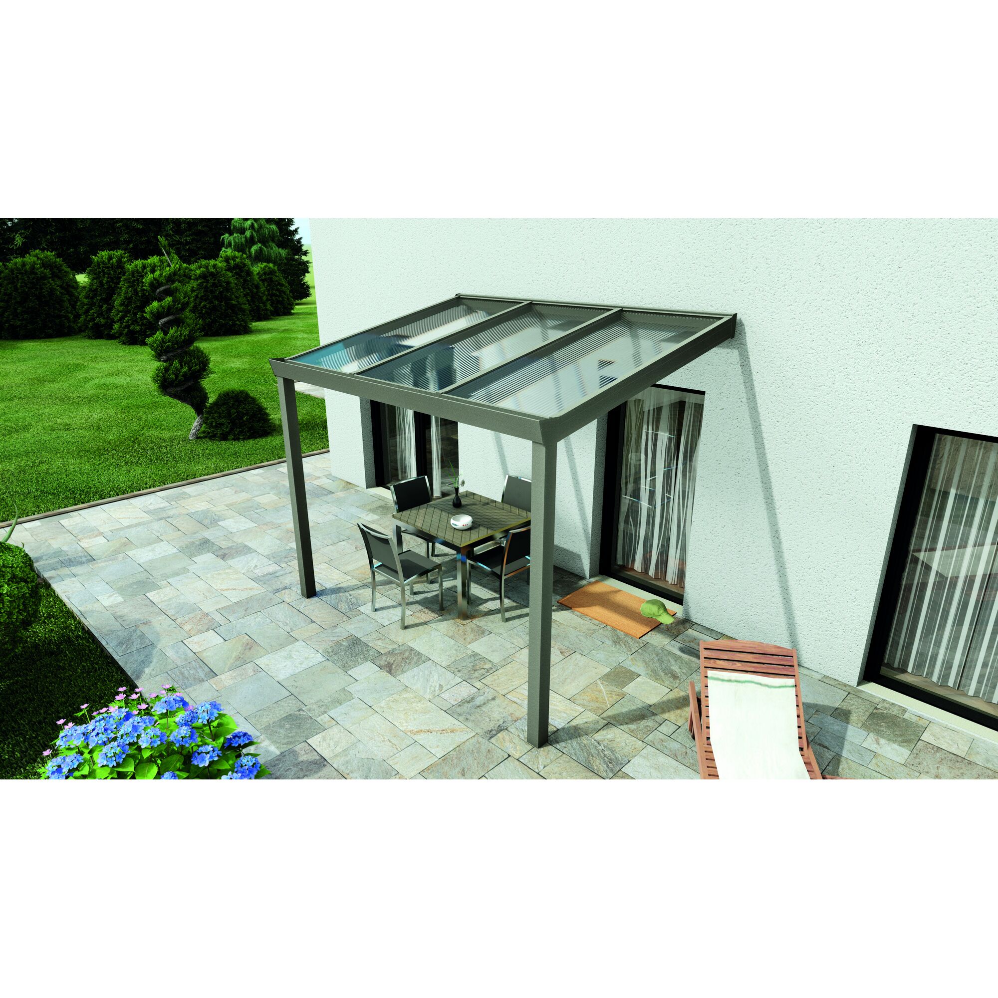 Graues Terrassendach Legend mit Tisch und Stühlen