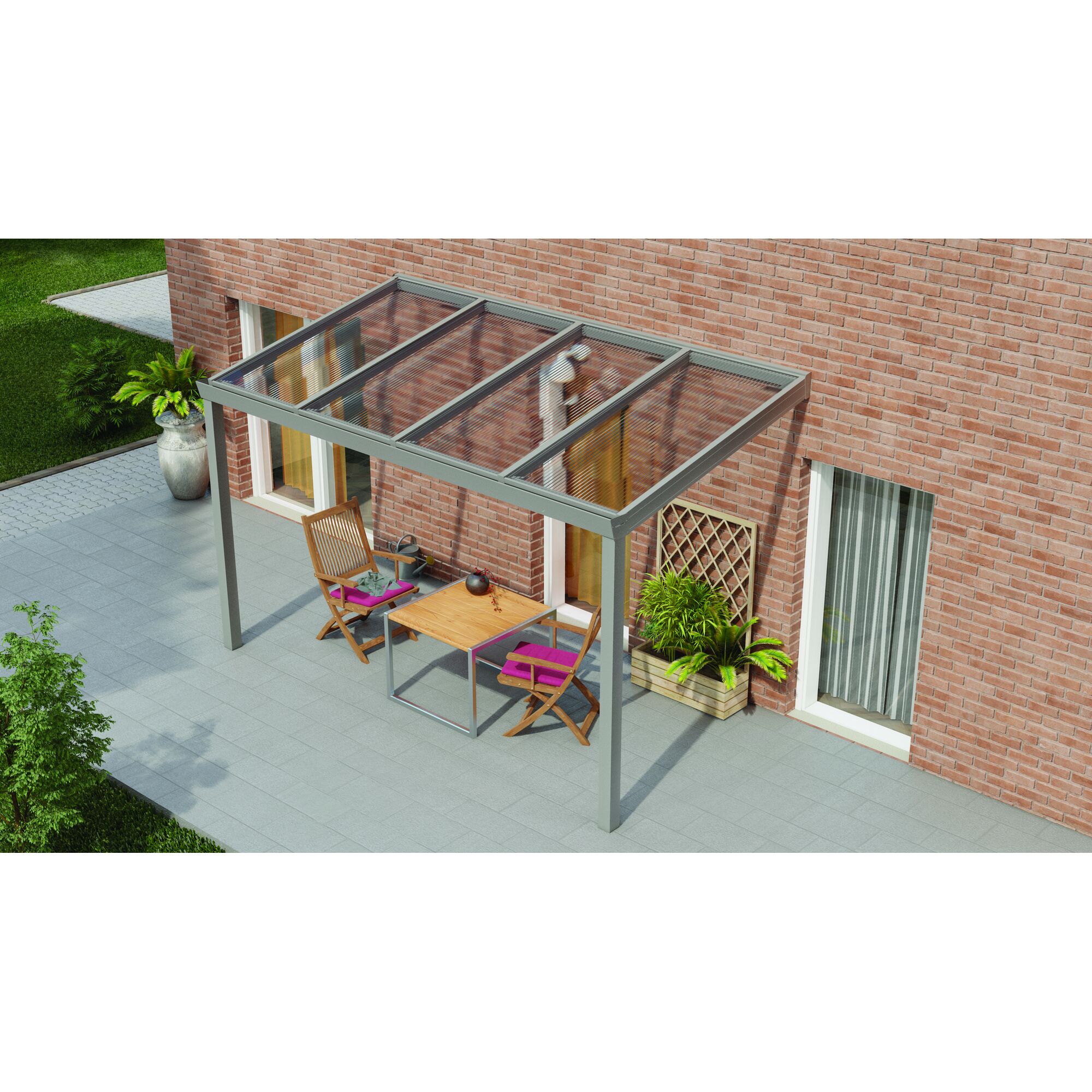 Terrassendach Legend mit Tisch und Stühlen
