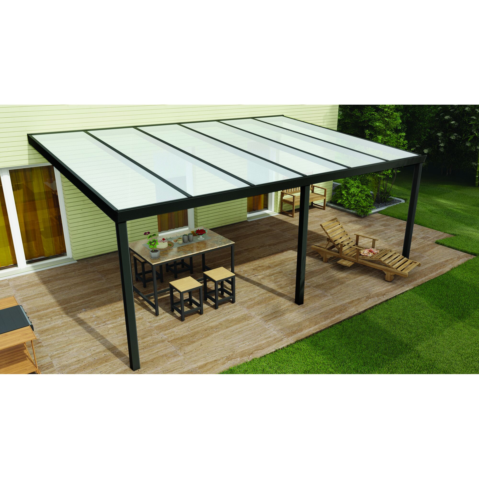 Terrassendach Legend mit Tisch, Stühlen und Liege