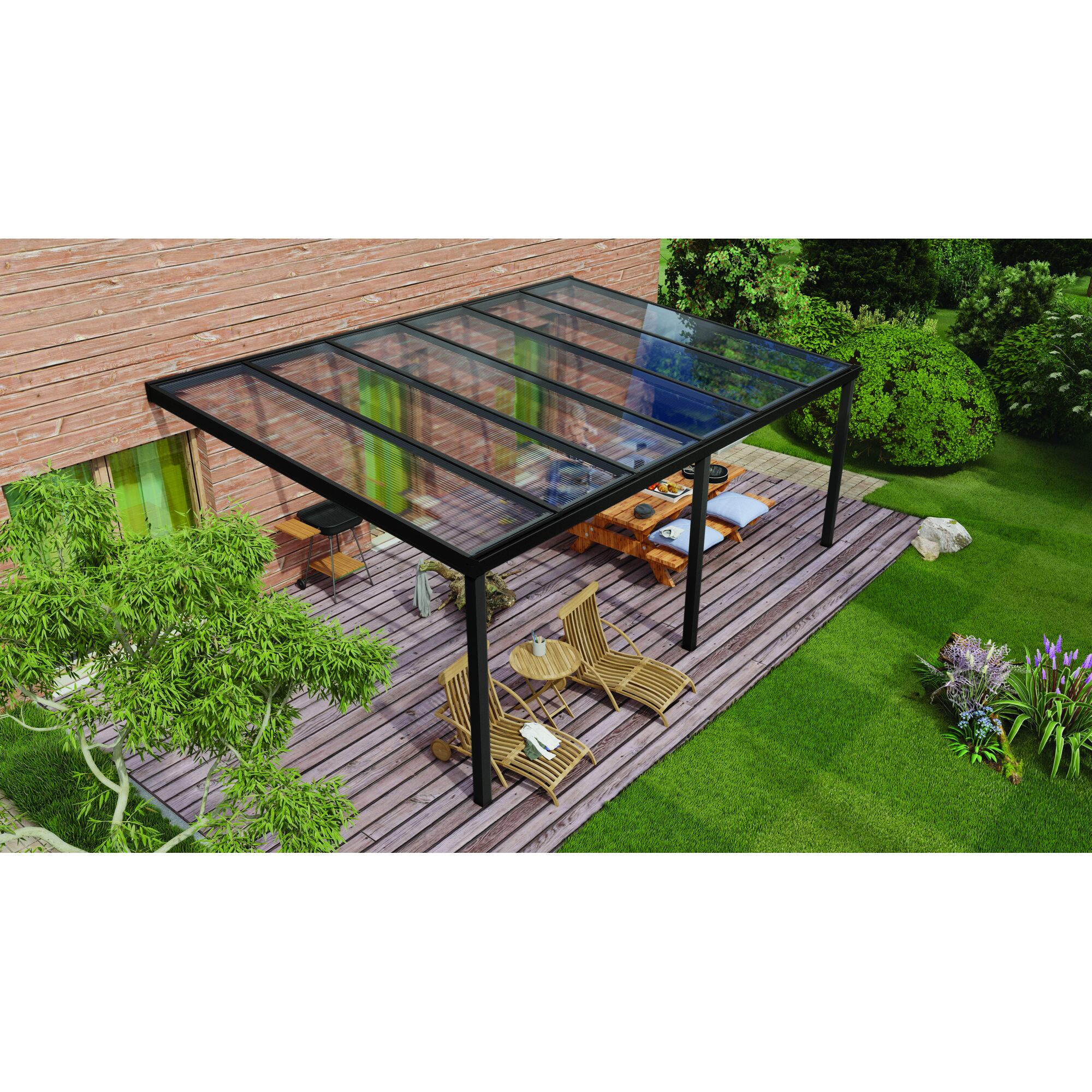 Terrassendach Legend mit Stühlen, Tisch und Grill