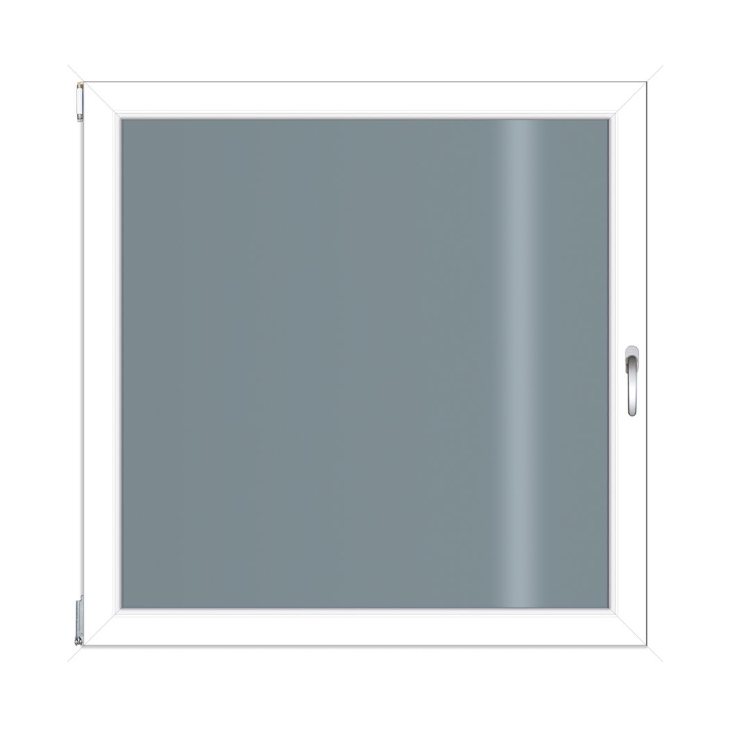 Weißes Fenster mit grauer Scheibe und silbernem Griff.