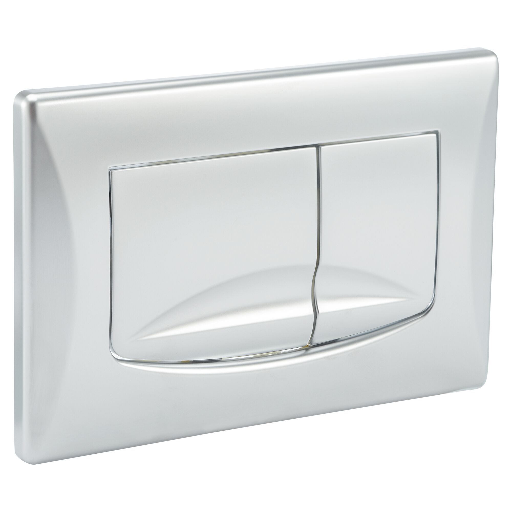 Chromfarbene Toilettenspülung mit zwei Tasten.