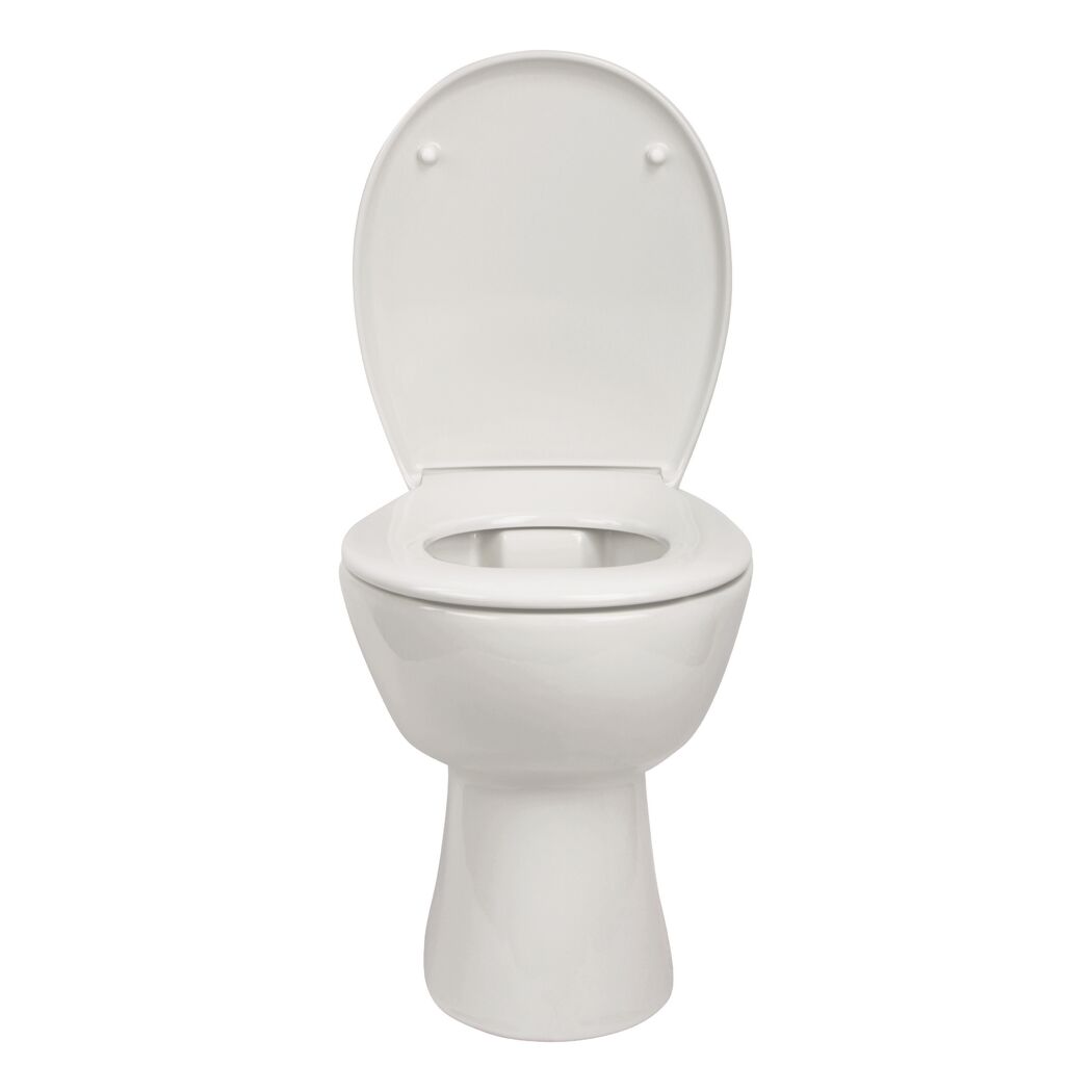 Weißes Stand-WC mit offenem Deckel.