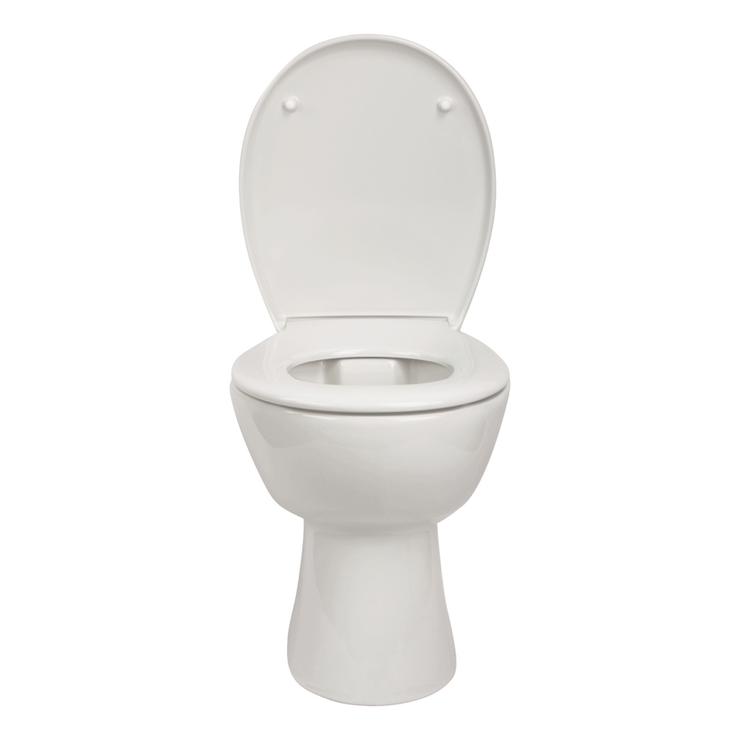 Weißes Stand-WC mit offenem Deckel.