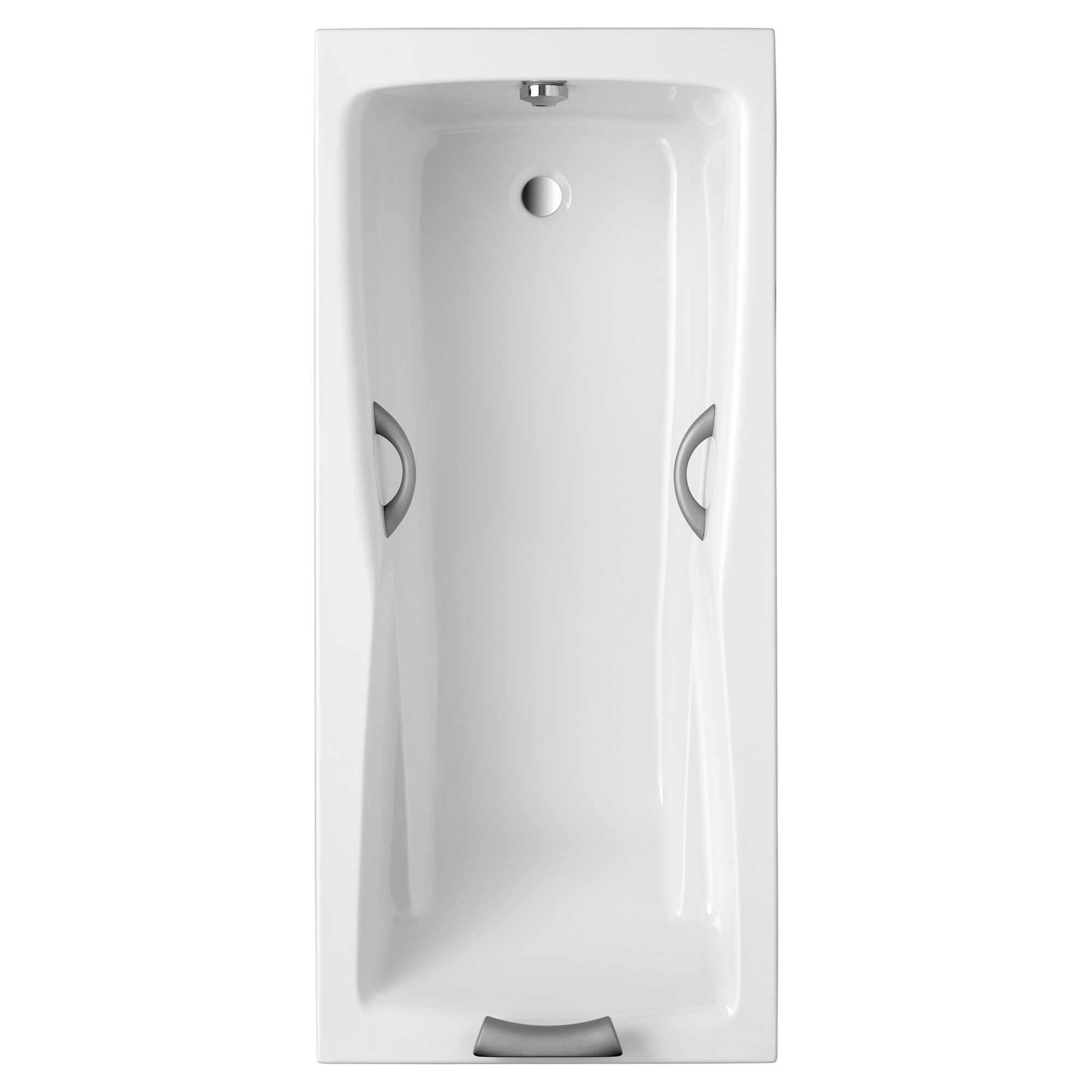 Weiße Badewanne mit Haltegriffen und Nackenstütze.