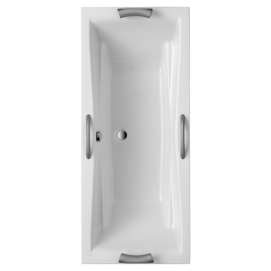 Weiße Badewanne mit Haltegriffen in der Seitenwand.