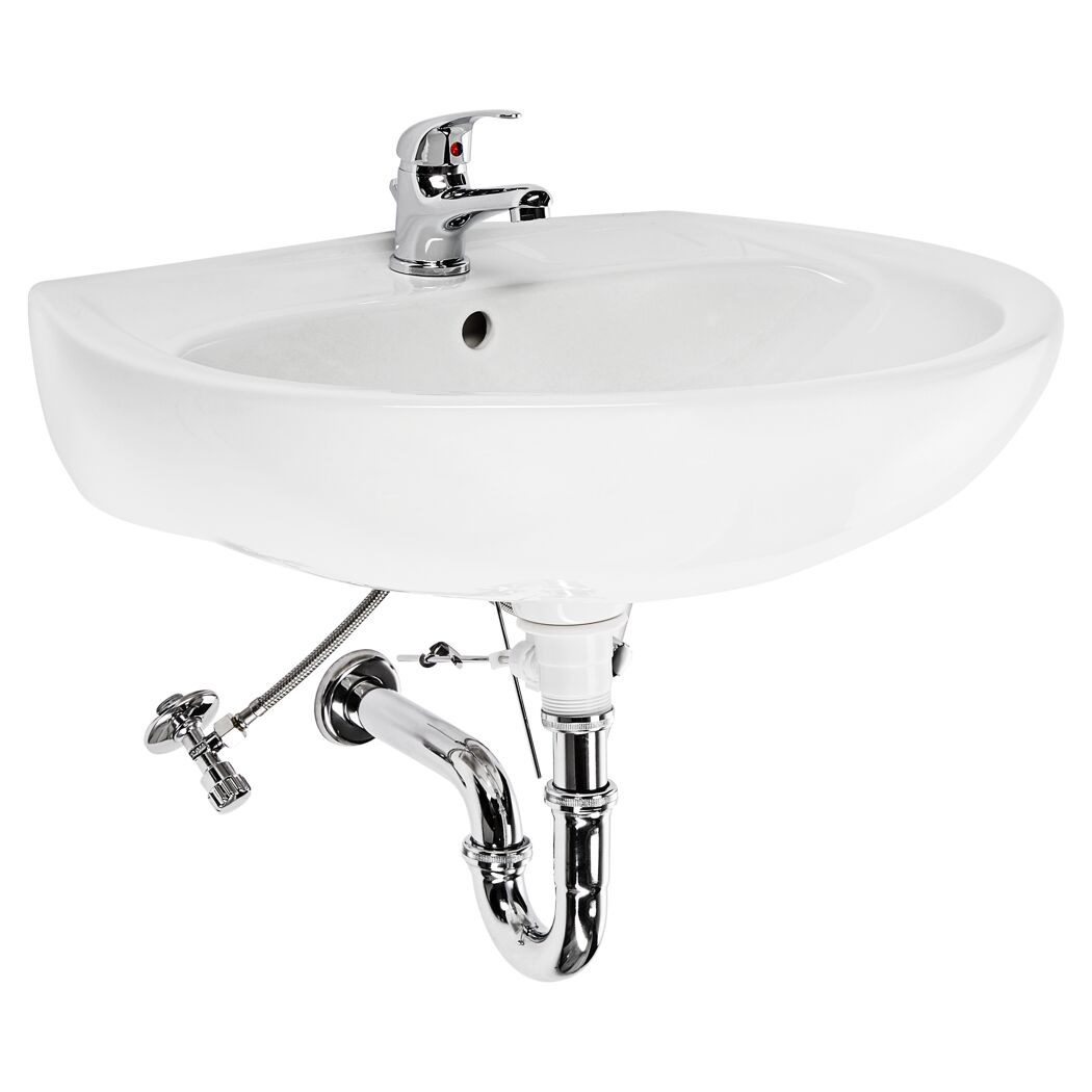 Waschbecken mit Wasserhahn und Abflussrohr