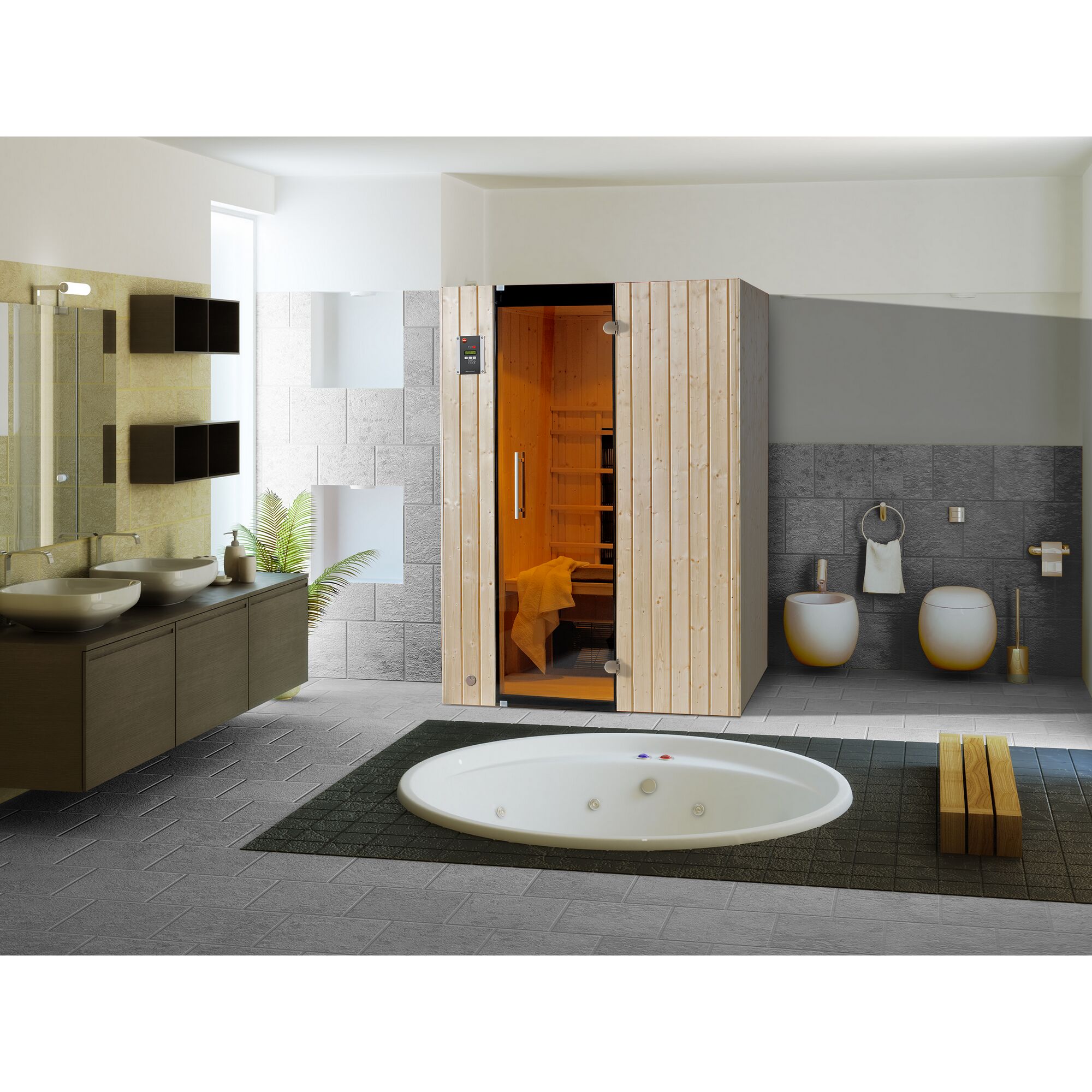 Sauna in einem Badezimmer neben einem Whirlpool.