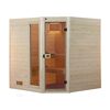 Eck-Sauna aus hellem Holz mit Glastür.