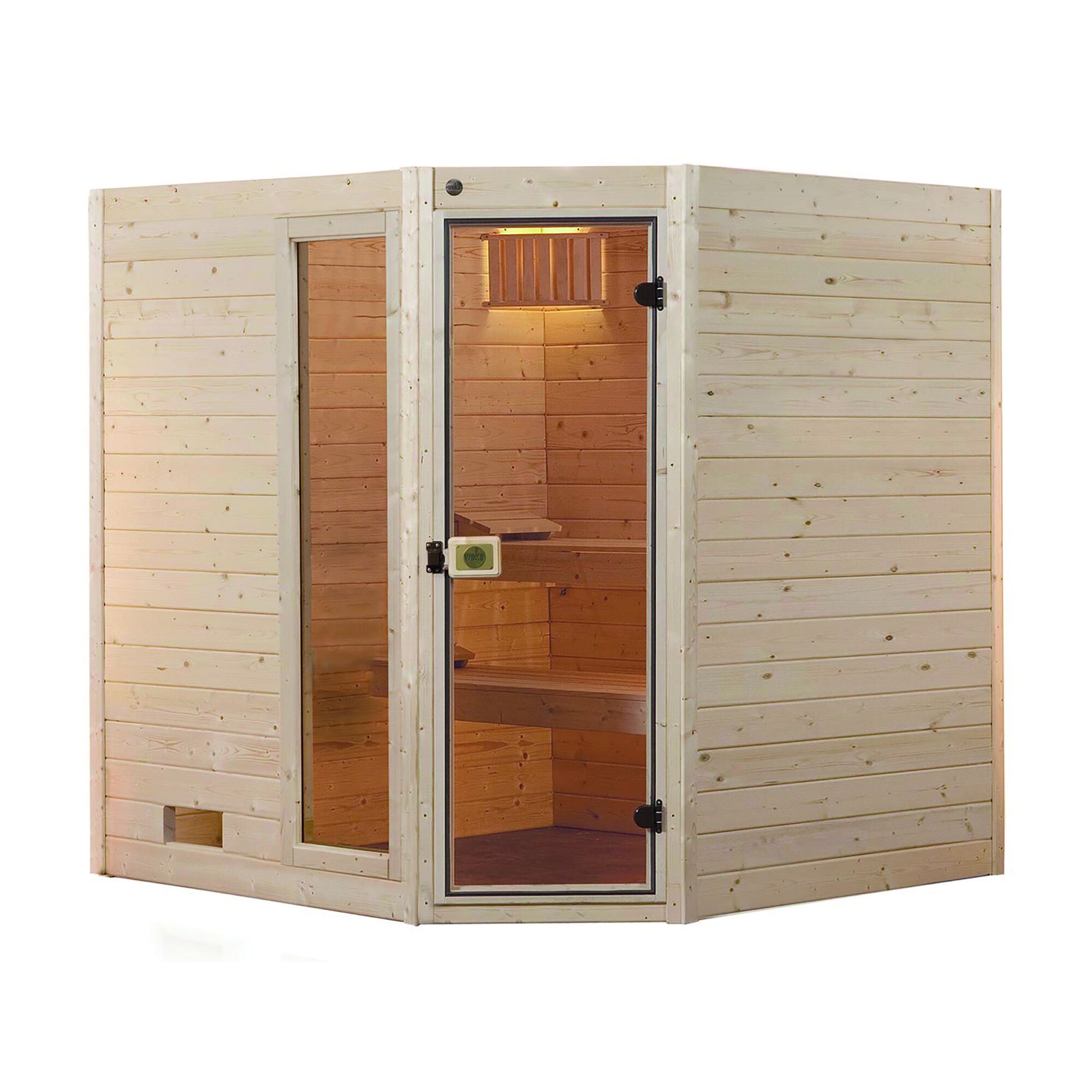 Eck-Sauna aus hellem Holz mit Glastür.