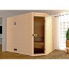 Eck-Sauna aus hellem Holz mit geöffneter Glastür.
