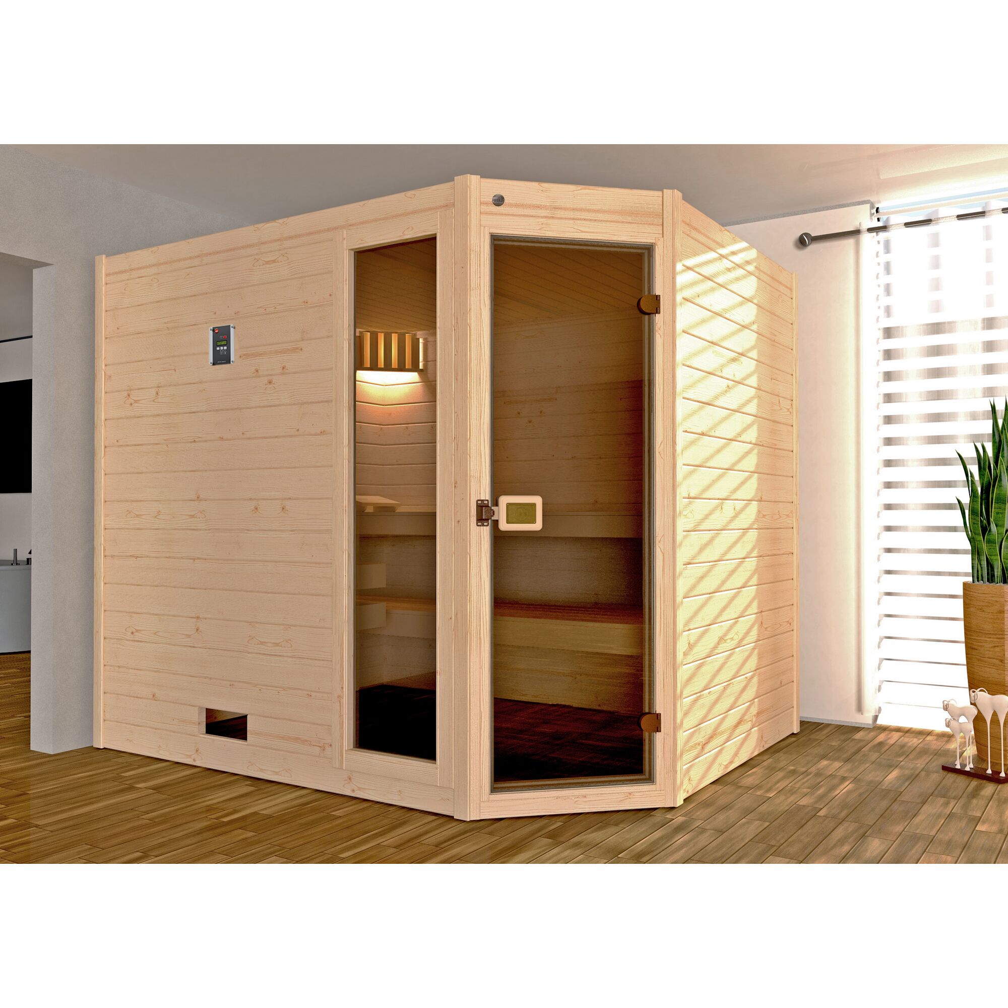 Eck-Sauna VALIDA aus hellem Massivholz.