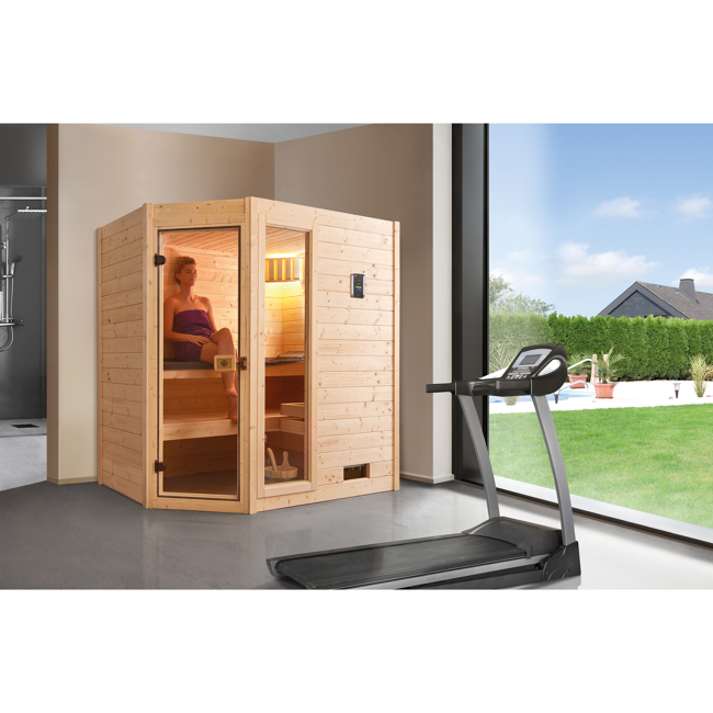 Bild von Massivholzsauna 'Valida' Eckeinstieg 189 x 139 x 203,5 cm mit 4,5 kW Bio-Aktivofen