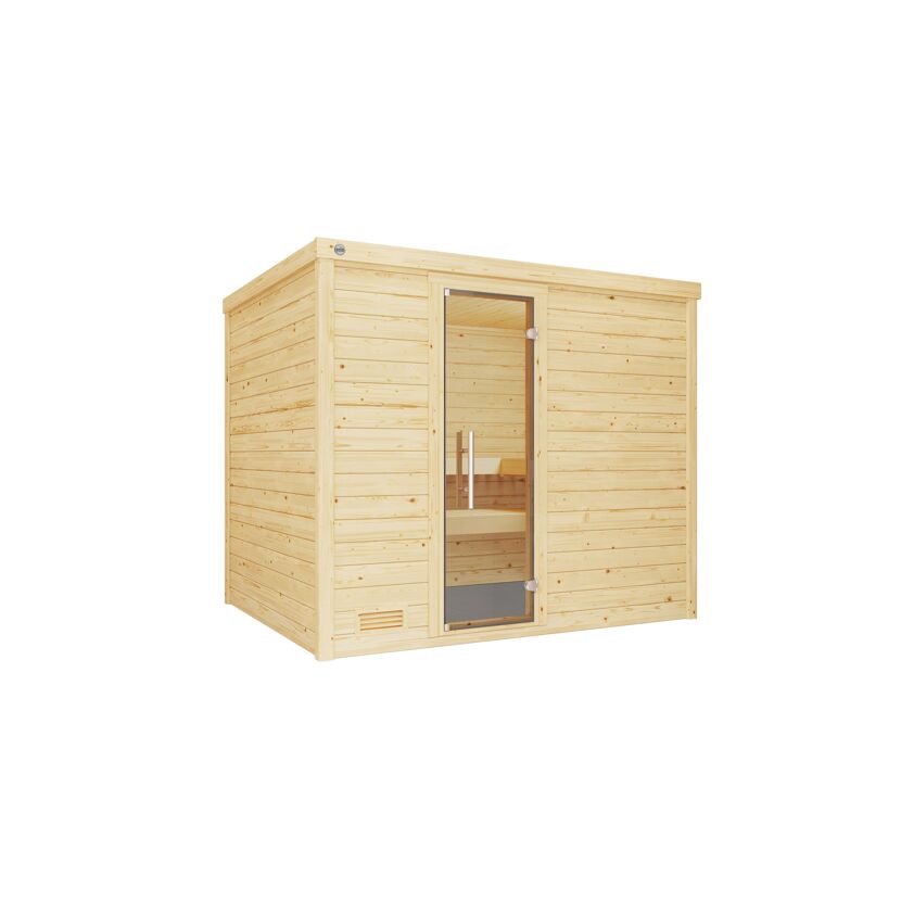 Massivholzsauna 'Bergen 3' natur Glastür 238 x 205 x 188 cm, ohne Ofen