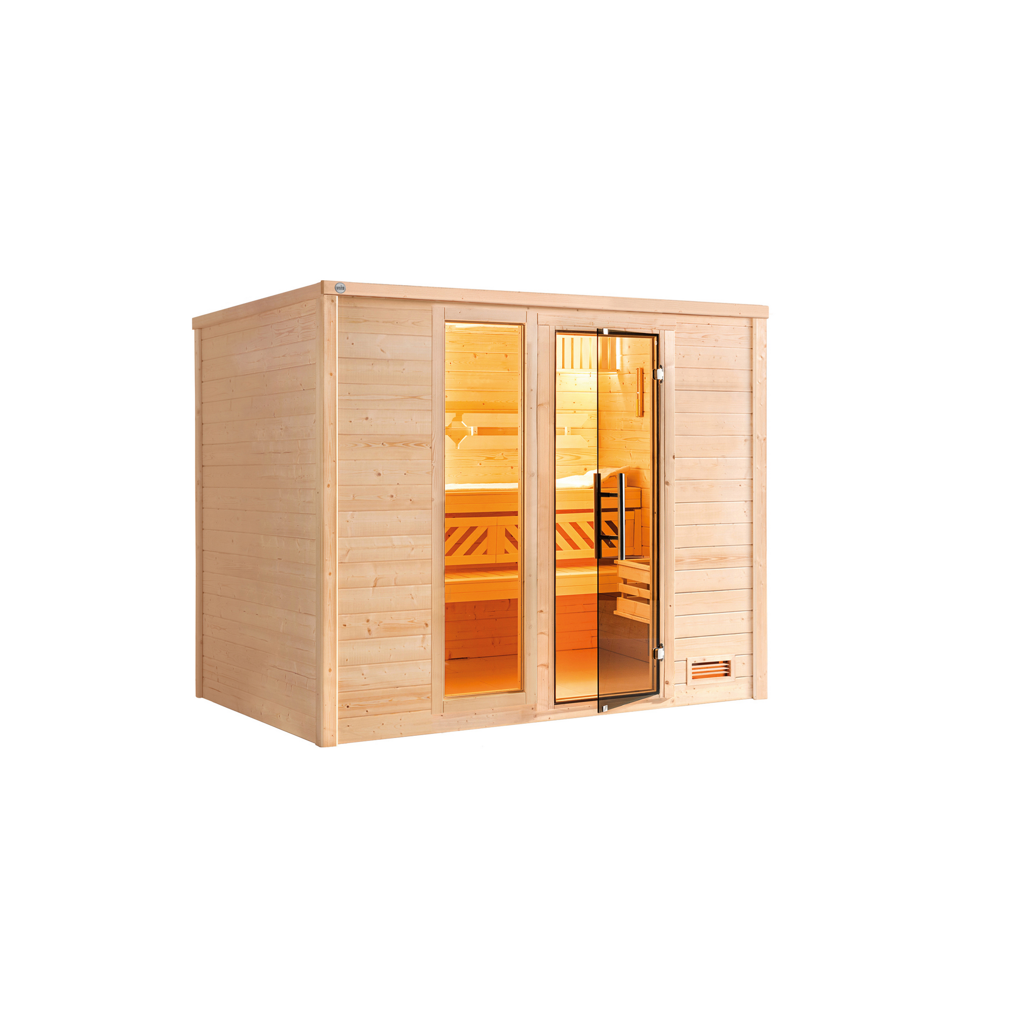 Massivholzsauna 'Bergen 3' natur Glastür, Fenster 238 x 205 x 188 cm, ohne Ofen