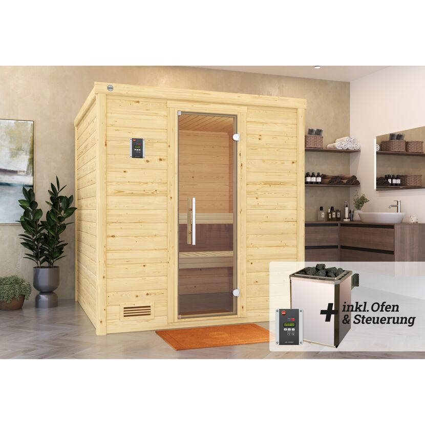 Sauna aus hellem Holz mit Saunaofen und Steuerung