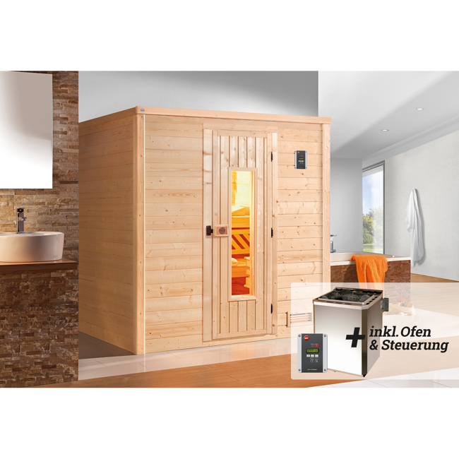 Bild von Premium-Massivholzsauna 'Bergen 2' mit 7,5 kW BioS-Ofenset, Steuerung, Massivholztür 188 x 188 x 205 cm