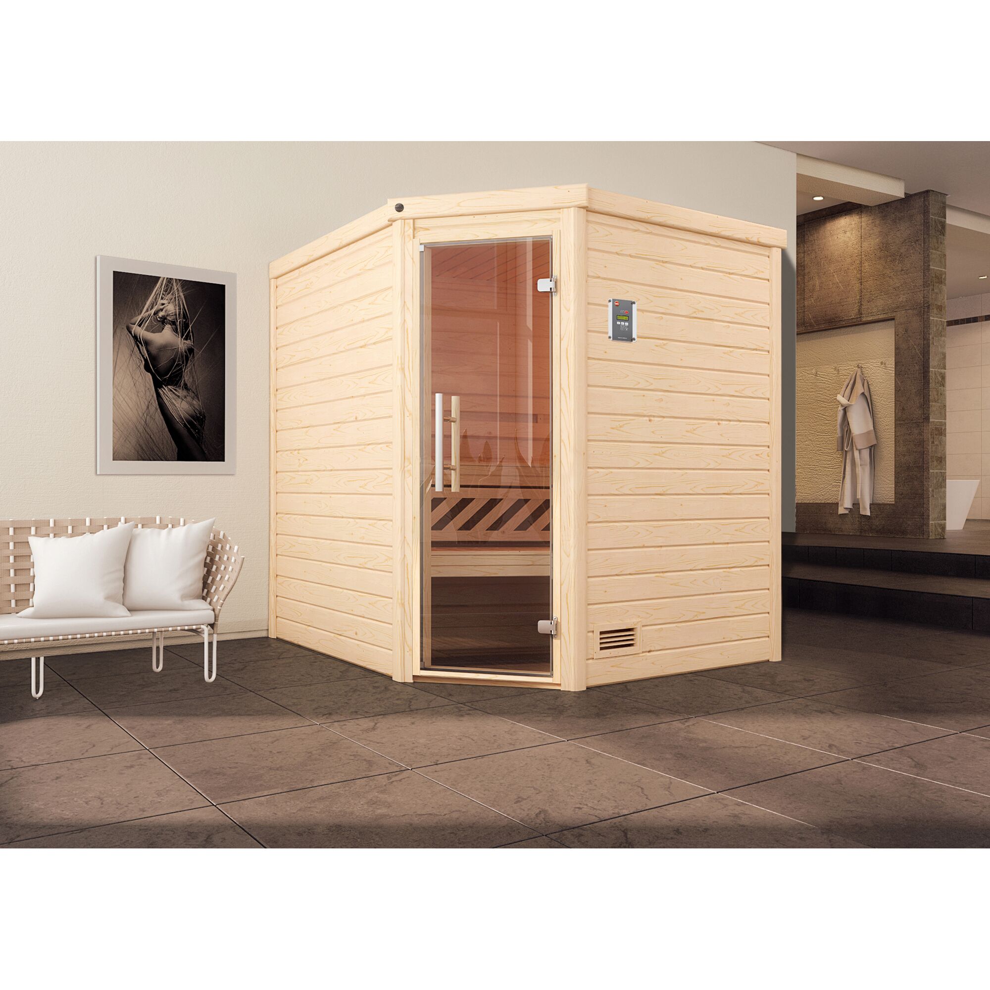 Eck-Sauna aus hellem Holz mit Glastür.