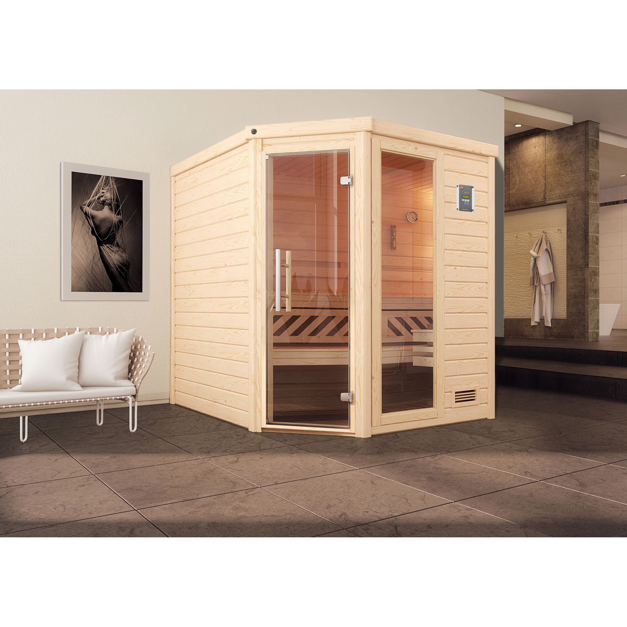 Eck-Sauna aus hellem Holz mit Glastür