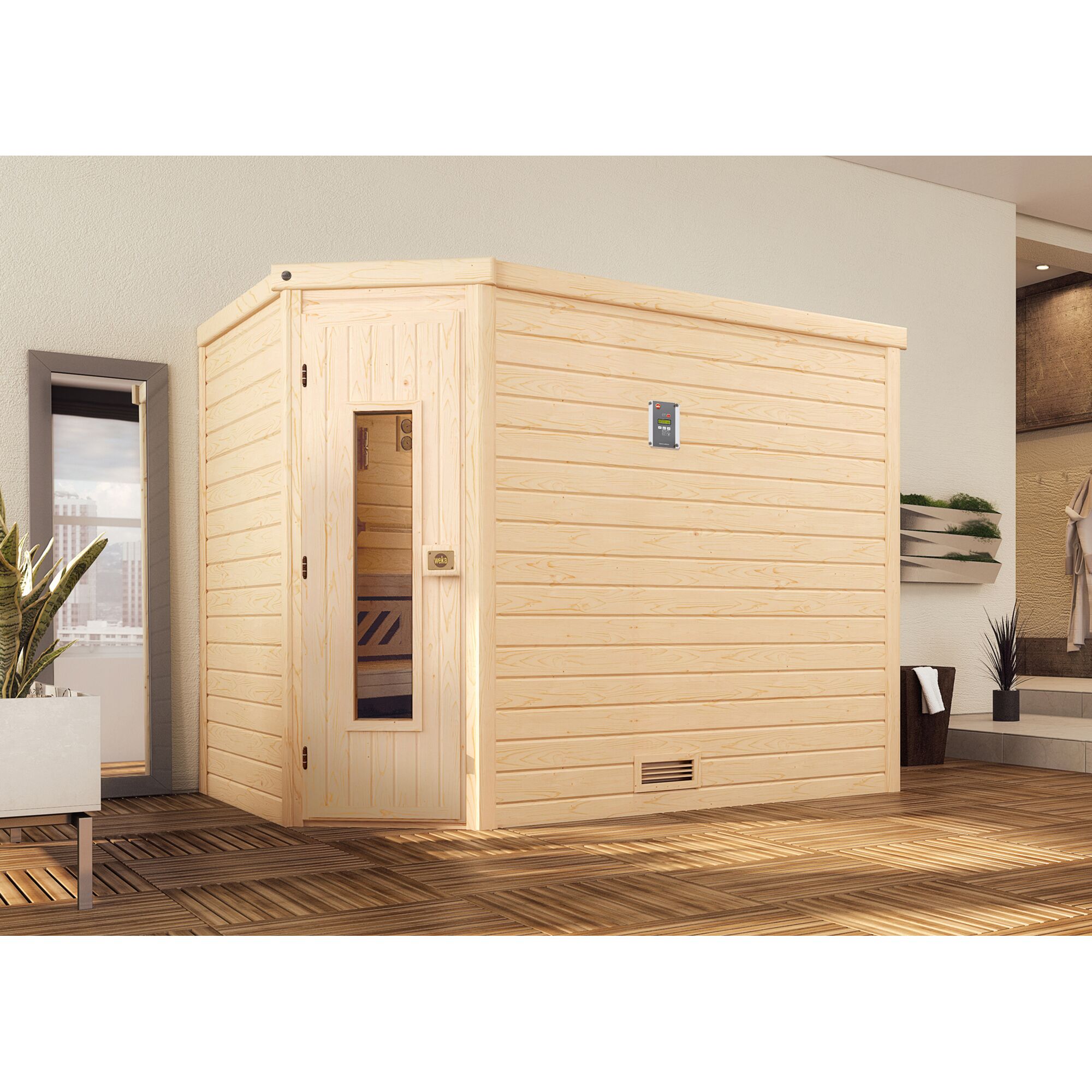 Sauna aus hellem Holz in einem Badezimmer