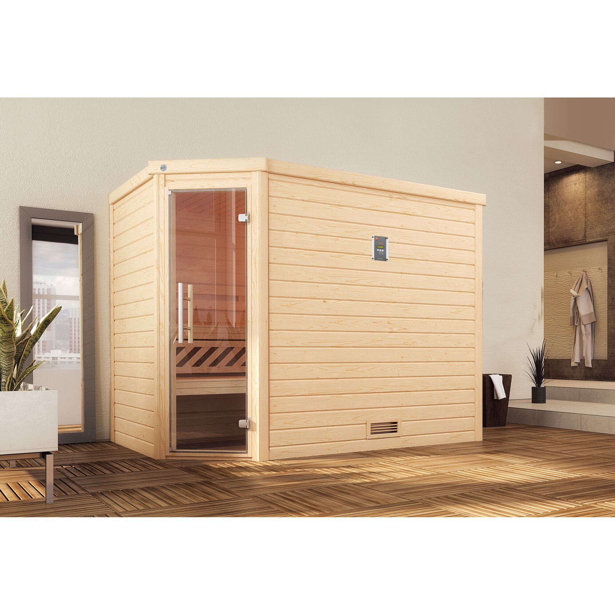Sauna aus hellem Holz mit Glastür.