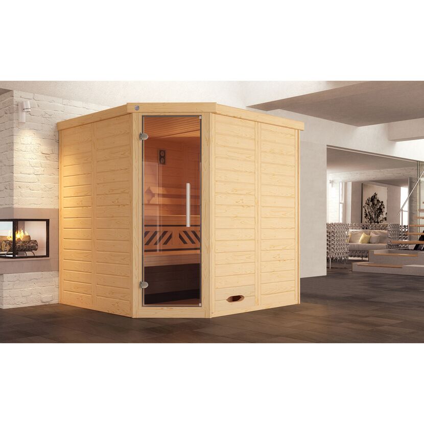 Massivholz-Elementsauna 'Kemi Eck 1' natur Glastür 188 x 188 x 200 cm, ohne Ofen