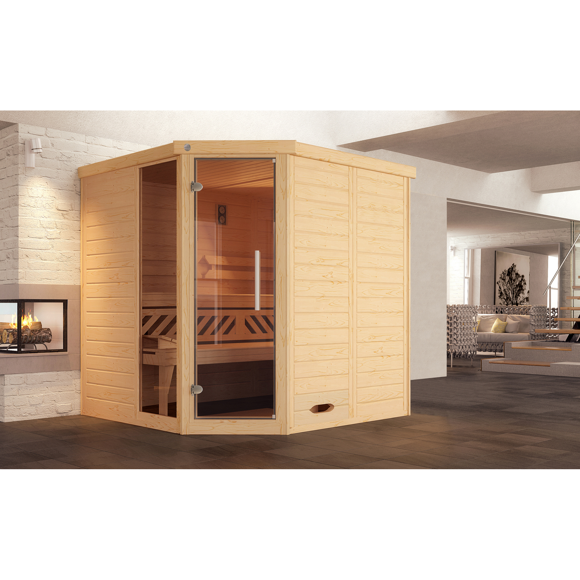 Massivholz-Elementsauna 'Kemi Eck 1' natur Glastür, Fenster 188 x 188 x 200 cm, ohne Ofen