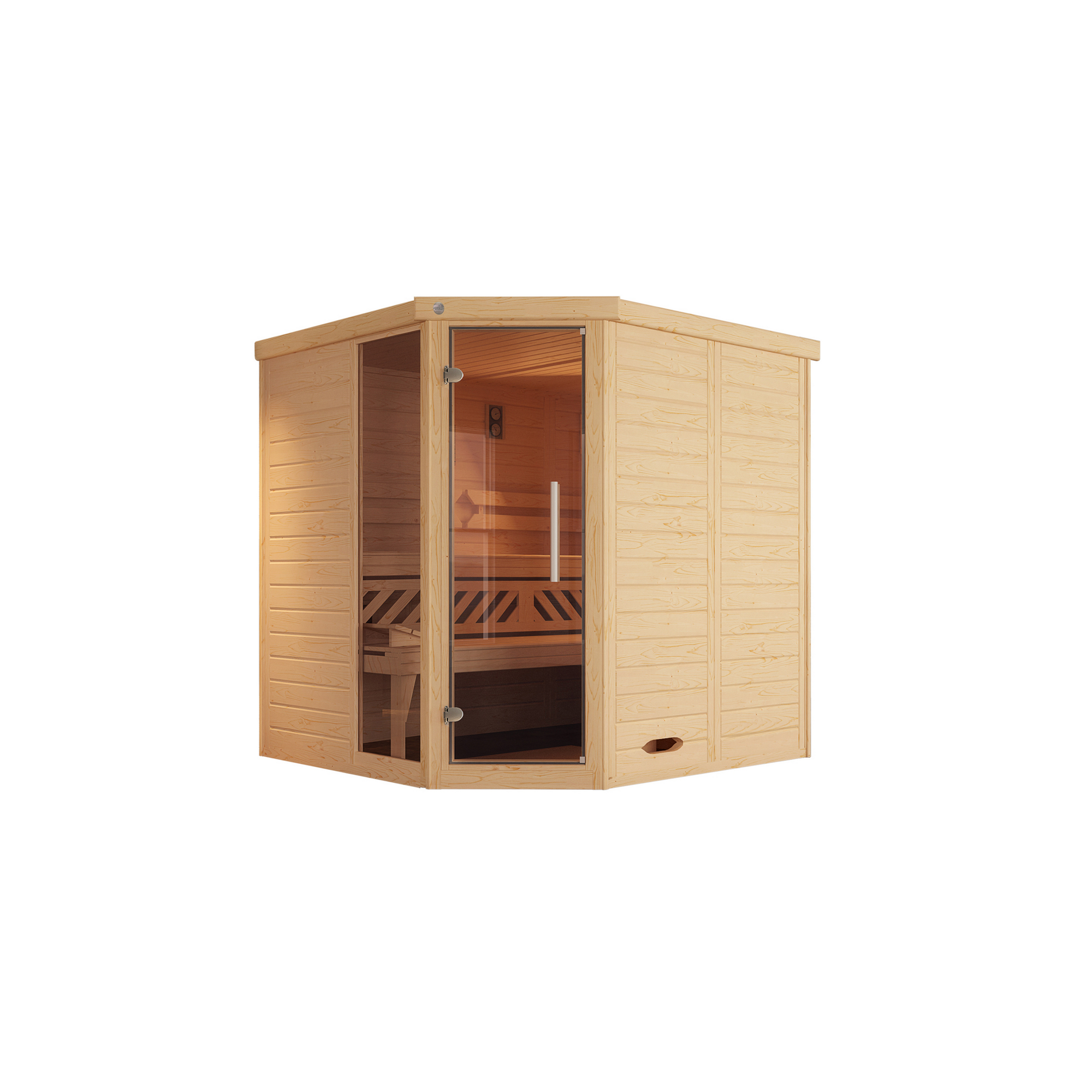 Massivholz-Elementsauna 'Kemi Eck 1' natur Glastür, Fenster 188 x 188 x 200 cm, ohne Ofen
