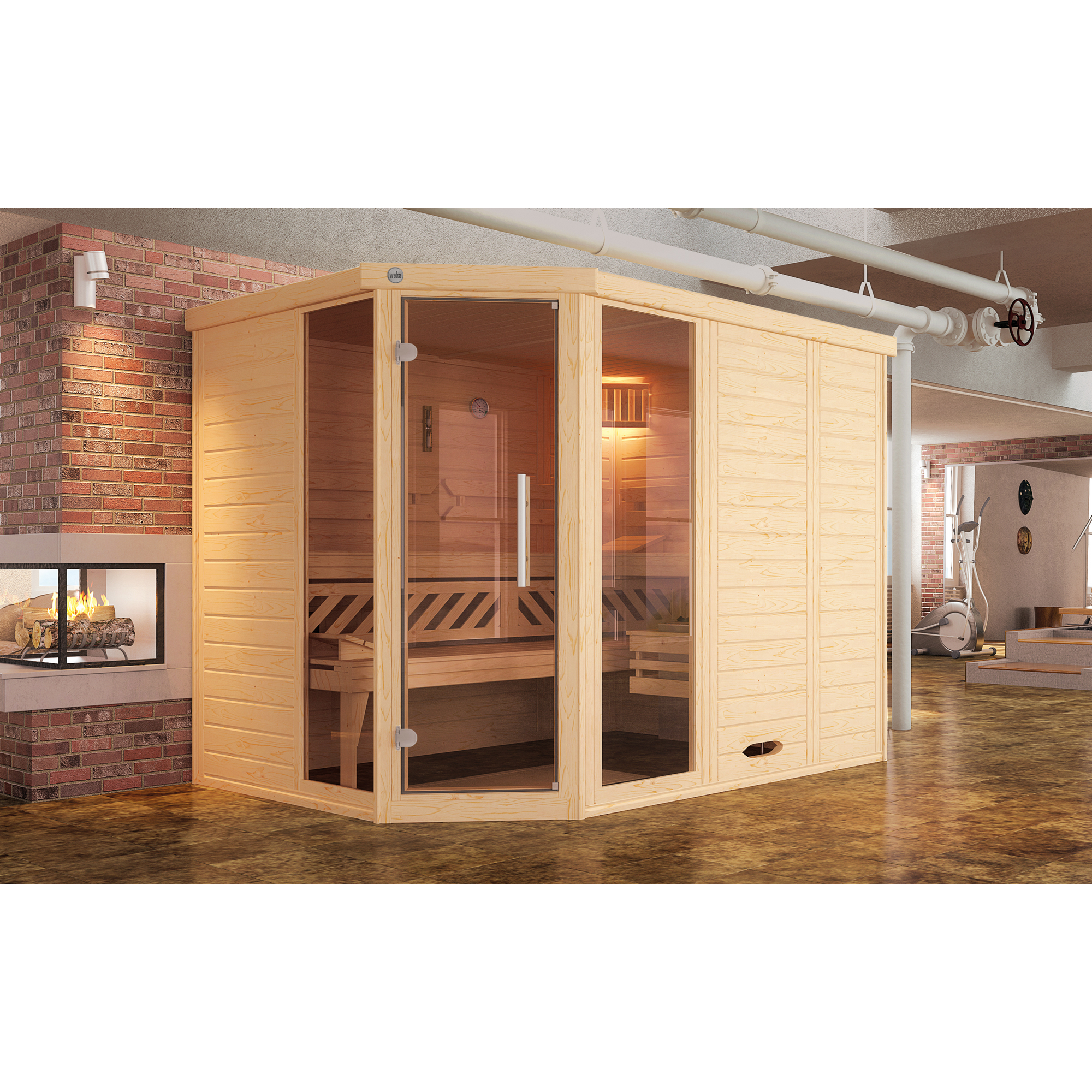 Massivholz-Elementsauna 'Kemi Eck 2' natur Glastür, Fenster 238 x 188 x 200 cm, ohne Ofen