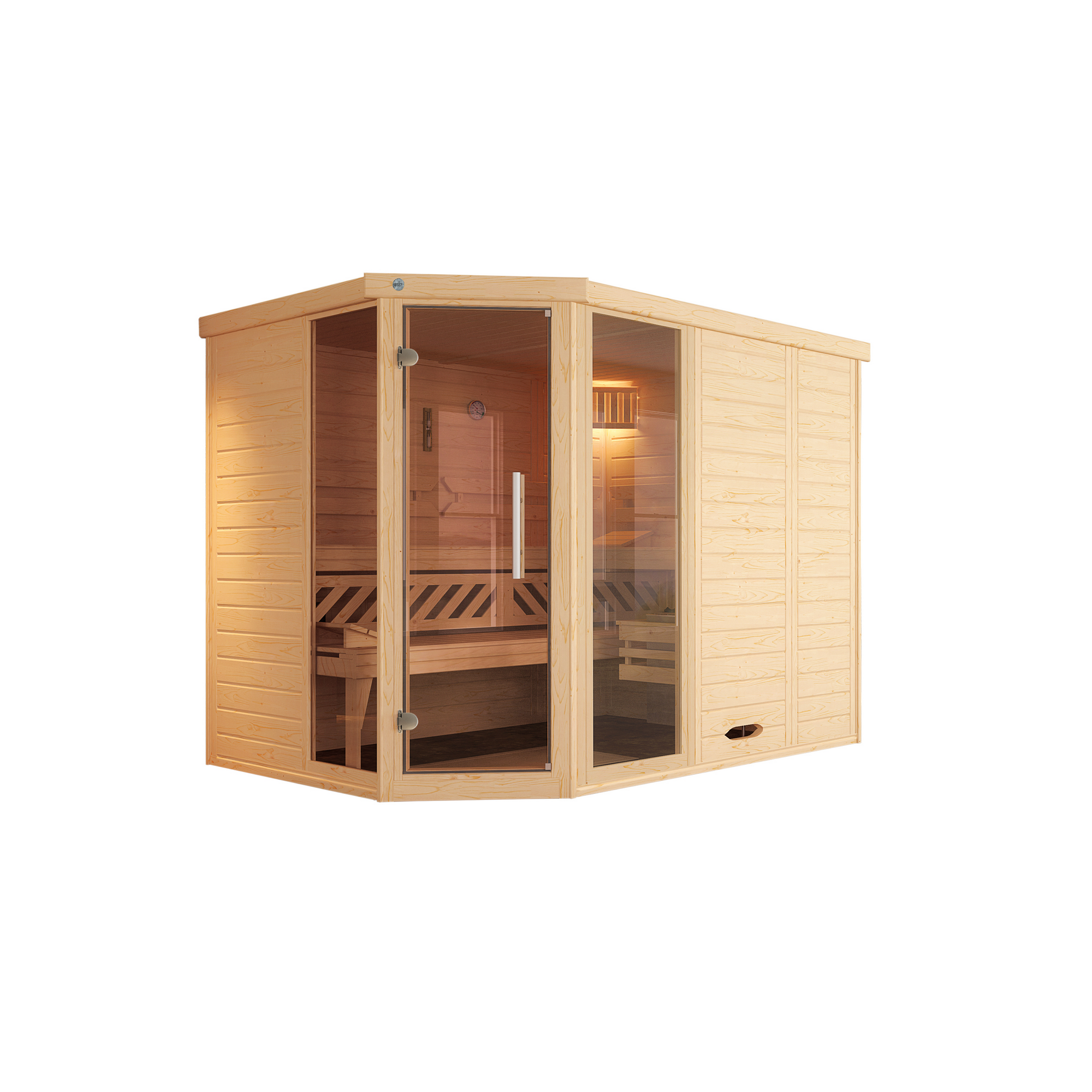 Massivholz-Elementsauna 'Kemi Eck 2' natur Glastür, Fenster 238 x 188 x 200 cm, ohne Ofen