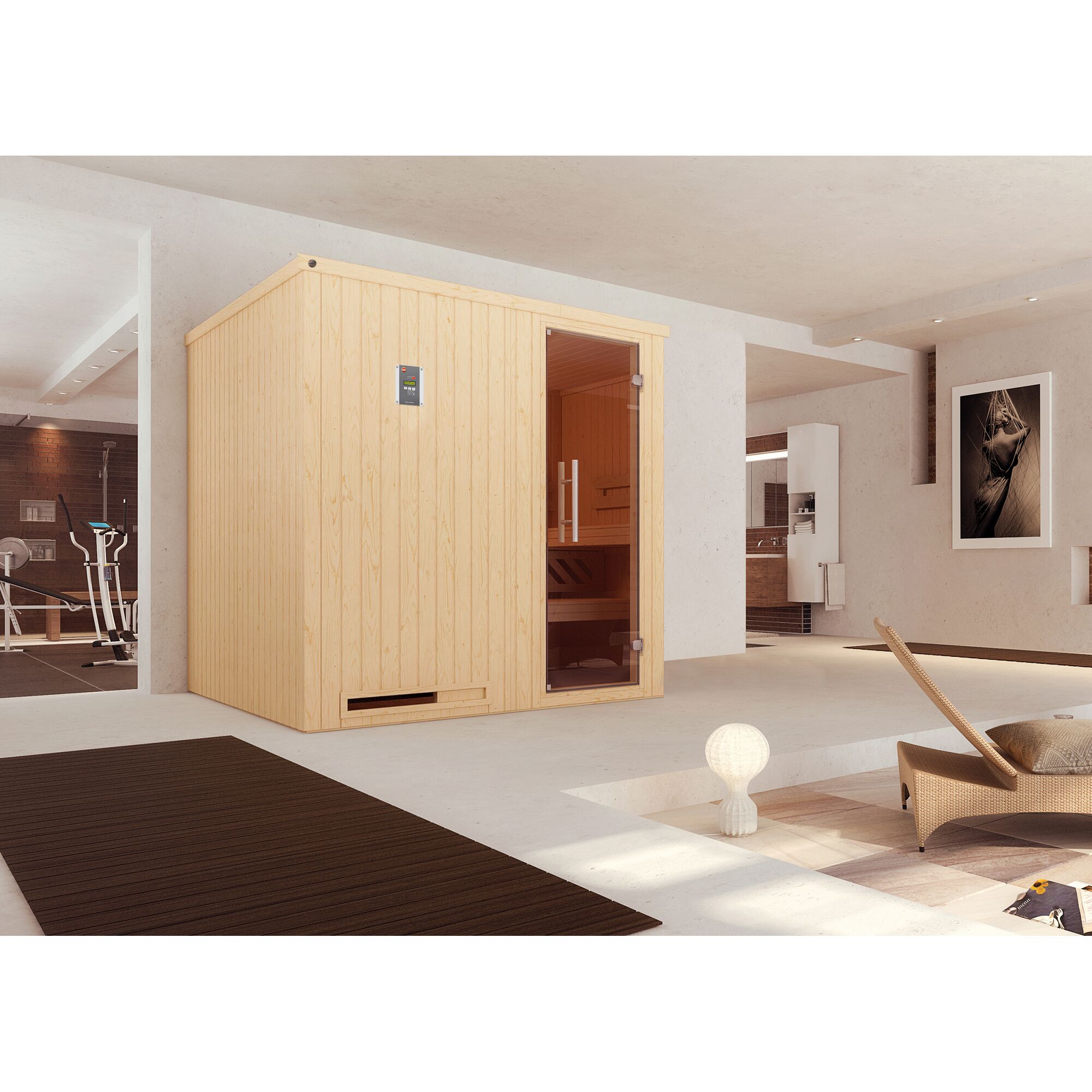 Elementsauna HALMSTAD 2 GT in einem modernen Badezimmer