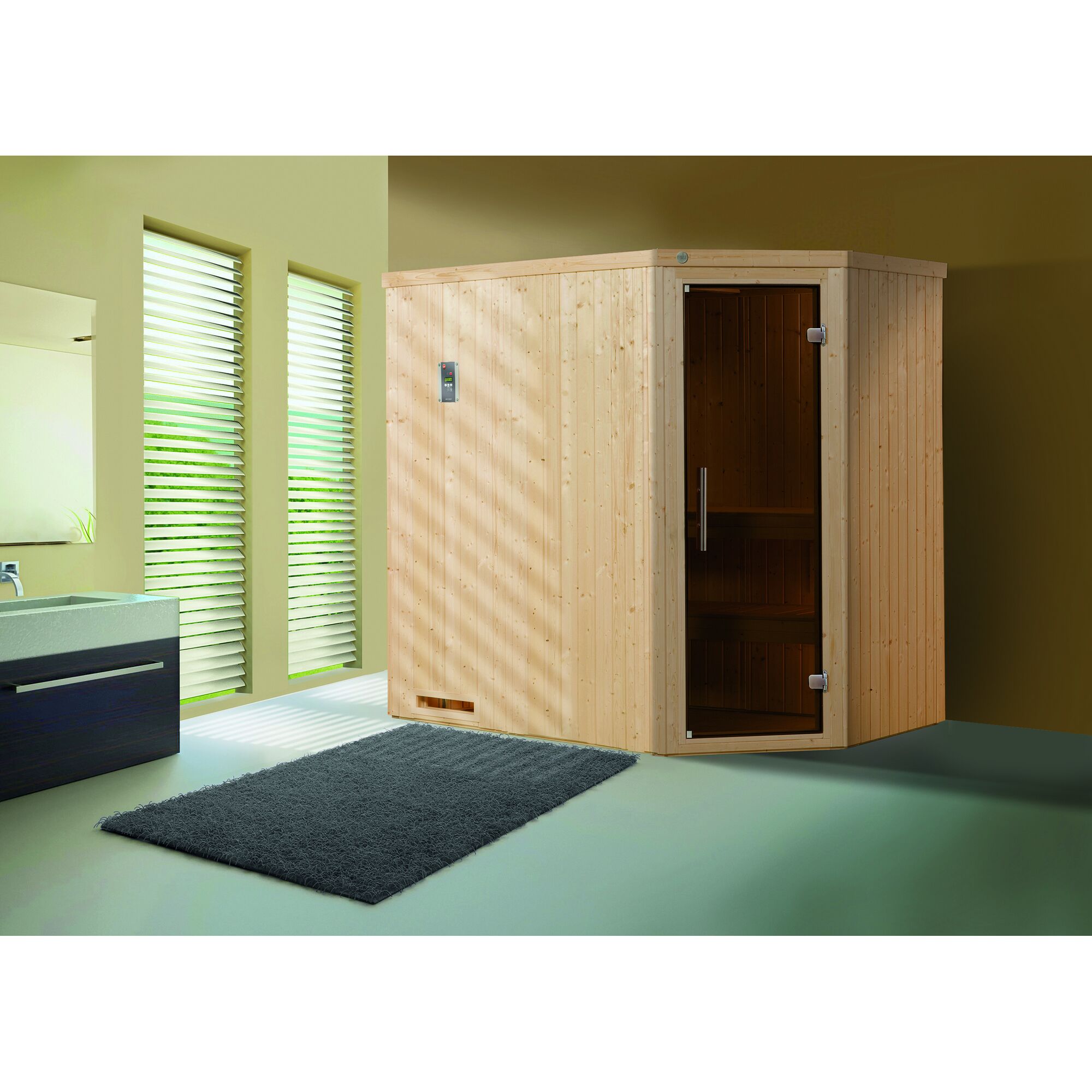 Ecksauna aus Holz in einem Badezimmer