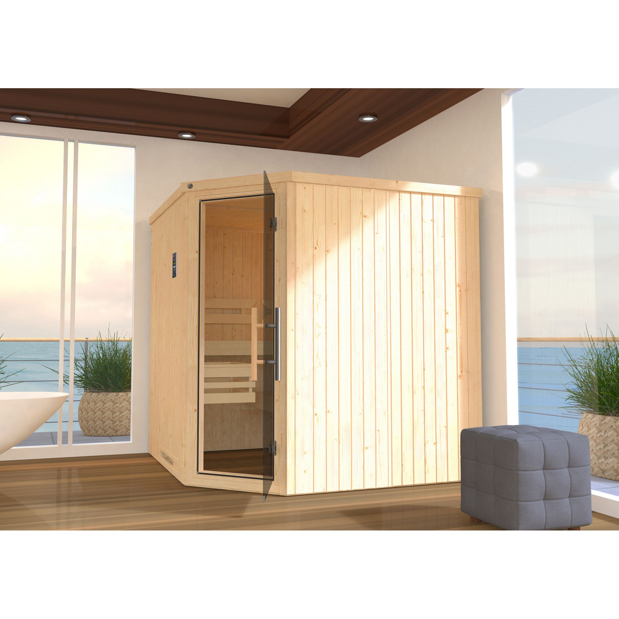 Ecksauna aus hellem Holz mit geöffneter Glastür